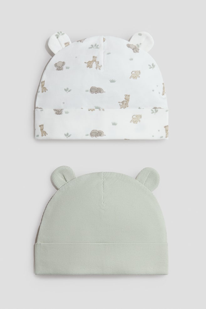 2-pack Ribbed Beanies with Ears - Light green/animals/Light beige/dark beige melange/Dark gray/light gray melange - 1