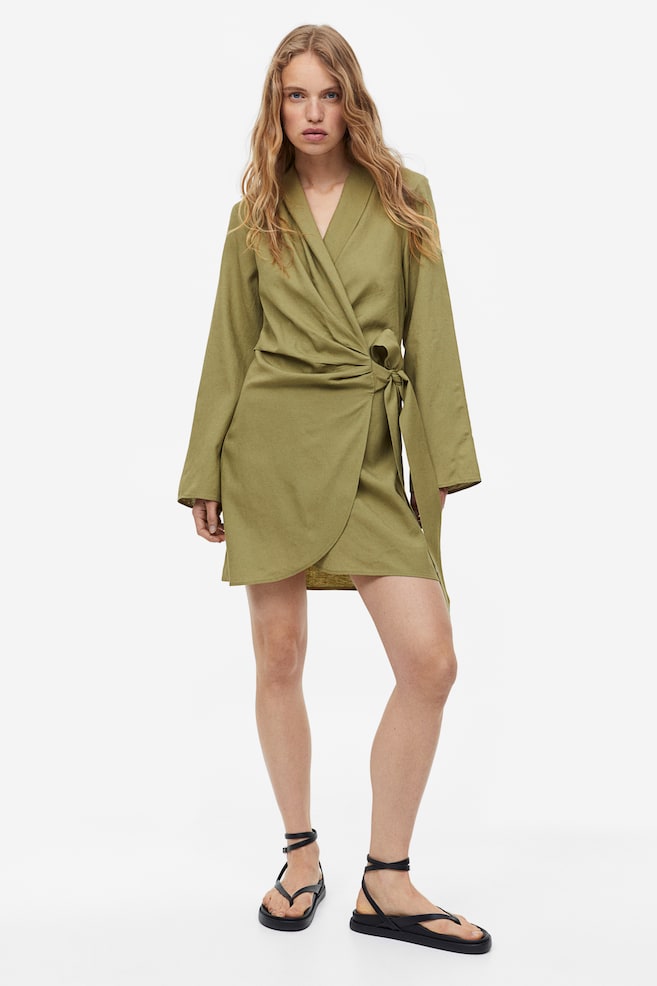 Linen-blend wrap dress - Khaki green/Black/Cream - 4