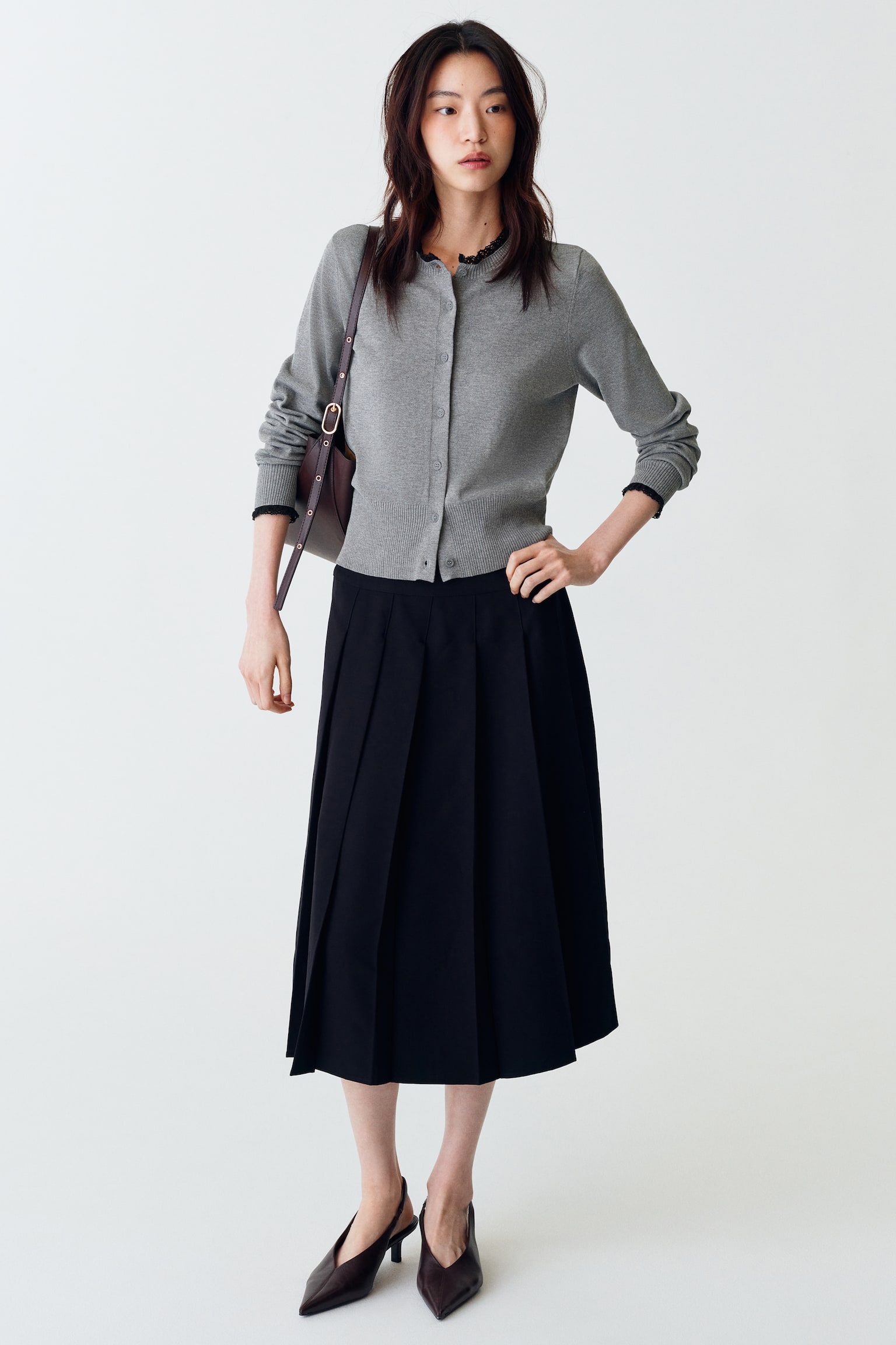 Áo cardigan dệt kim mịn viền ren - Màu xám đốm - 1