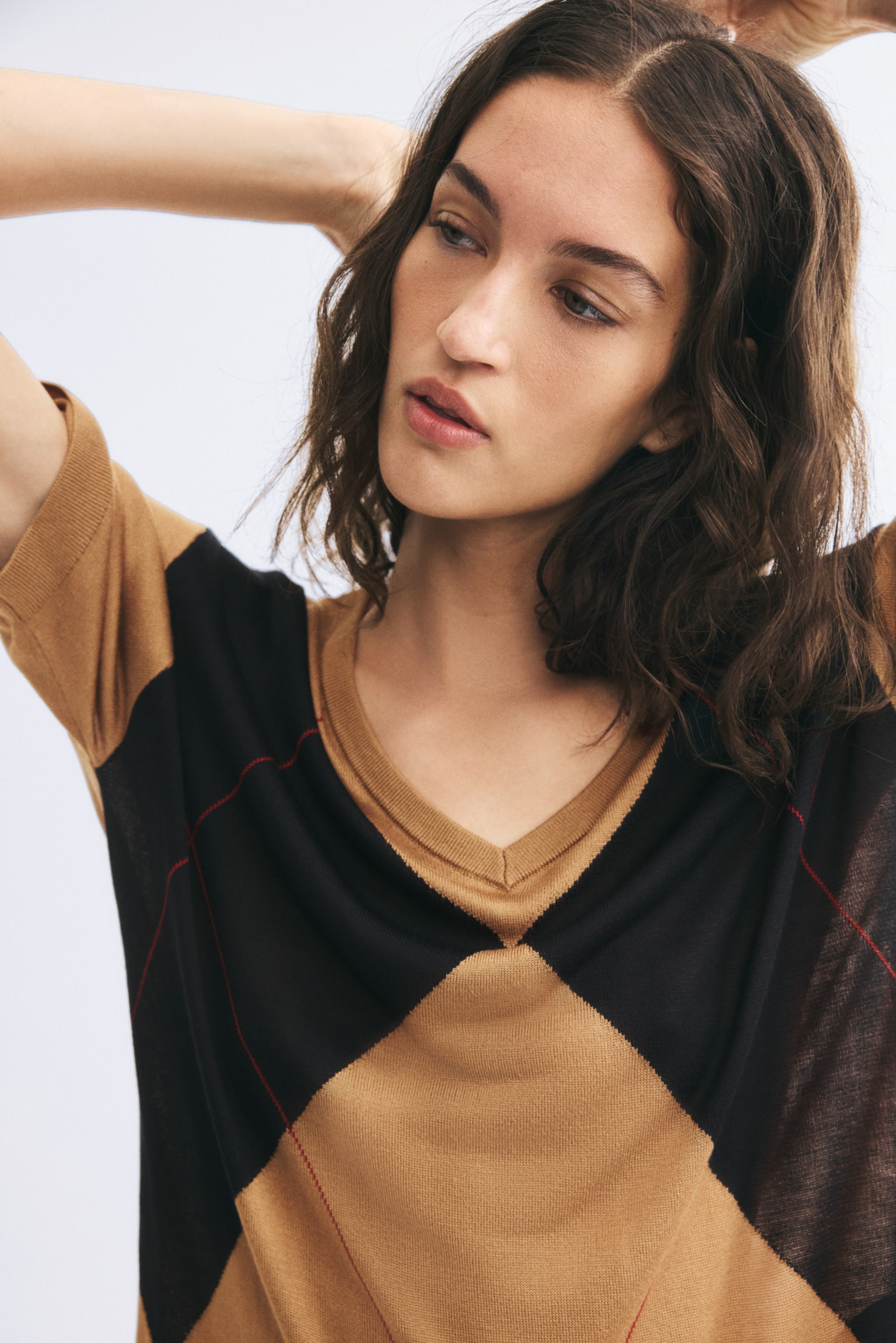 Женский топ H&M Intarsia-Knit, цвет: Тёмный бежевый / С ромбами — фото 3