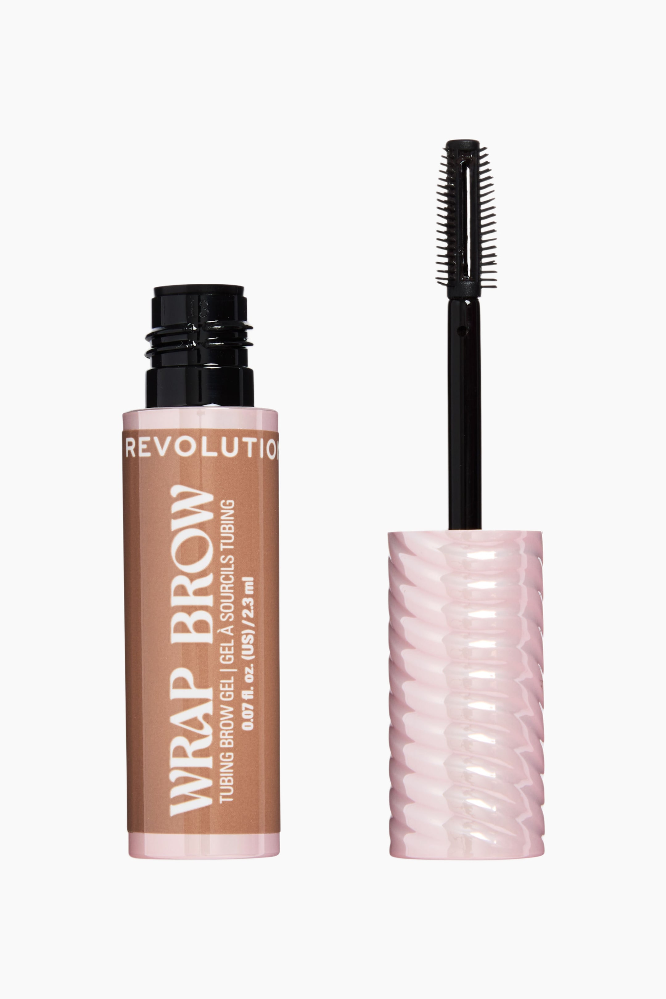 Visa större bild: Revolution Wrap Brow Tubing Brow Gel visar sina öppna komponenter: ett upprätt ljusbrunt cylindriskt rör med svart skruvlock och rosa bas, samt en separat borste. Röret är märkt med texten "Revolution Wrap Brow", medan den svarta borsten, toppad med en kamliknande borste, står upprätt med sitt ljusrosa pärlemorskimrande handtag som uppvisar en vriden, ribbad textur.
