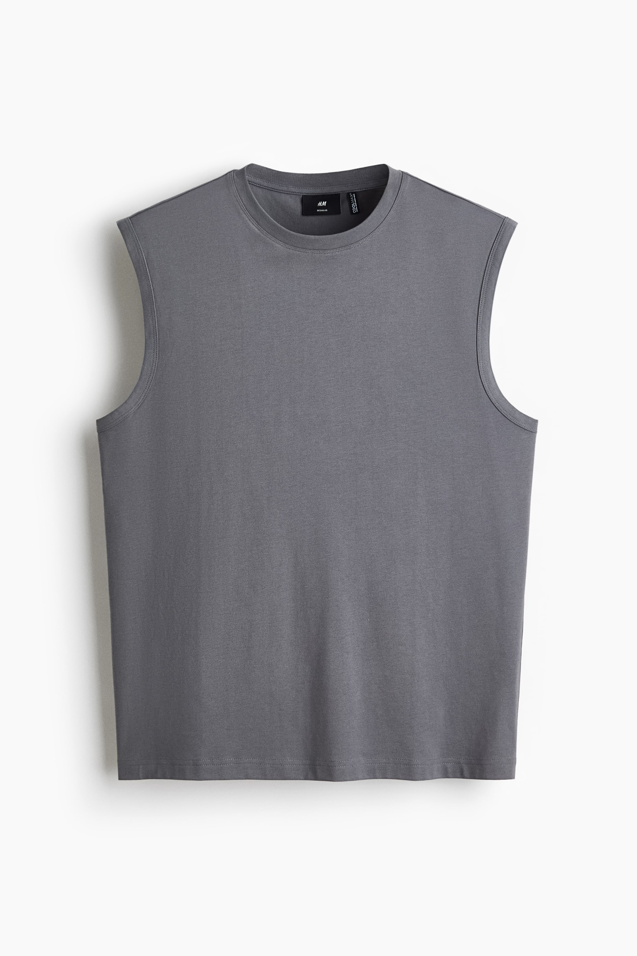View larger image: A dark gray tank top is showcased from a front view, featuring a crew neck and finished armholes, with a small brand label at the inner back neck.