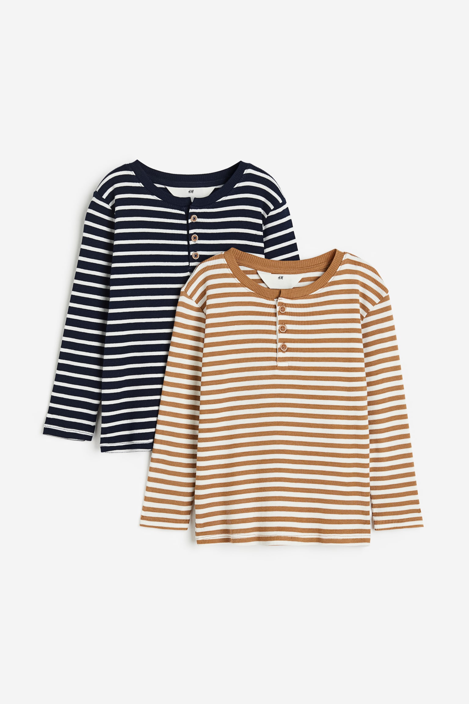 2-pack ribbed Henley tops - Dark beige/Striped - 1