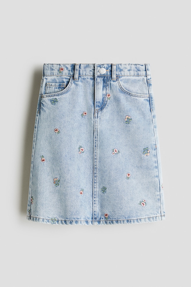 Falda de denim con detalles bordados - Azul denim claro/Floreado - 1