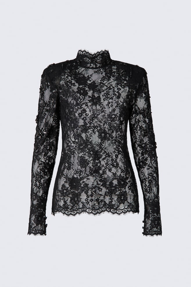 Embellished Shoulder-Pad Lace Top - Black - 1