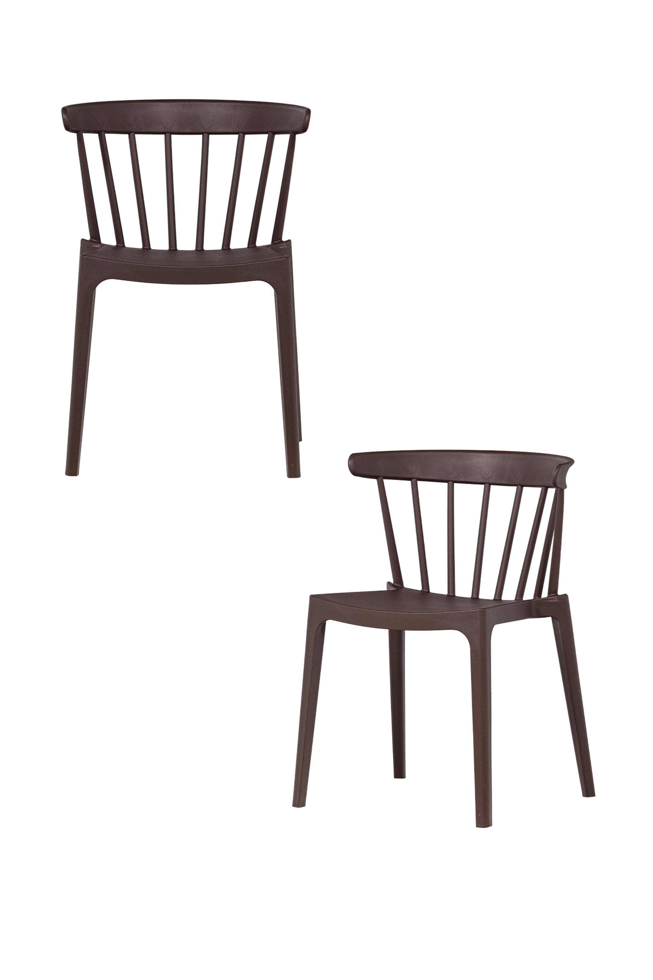 Größeres Bild anzeigen: Zwei geformte dunkelbraune Stühle werden präsentiert. Ein Stuhl ist nach vorne gerichtet und verfügt über eine gebogene obere Schiene und eine vertikale Spindelrückenlehne. Der zweite Stuhl ist nach rechts gewinkelt und zeigt seine gebogene obere Schiene, die vertikale Spindelrückenlehne und vier konisch zulaufende Beine.