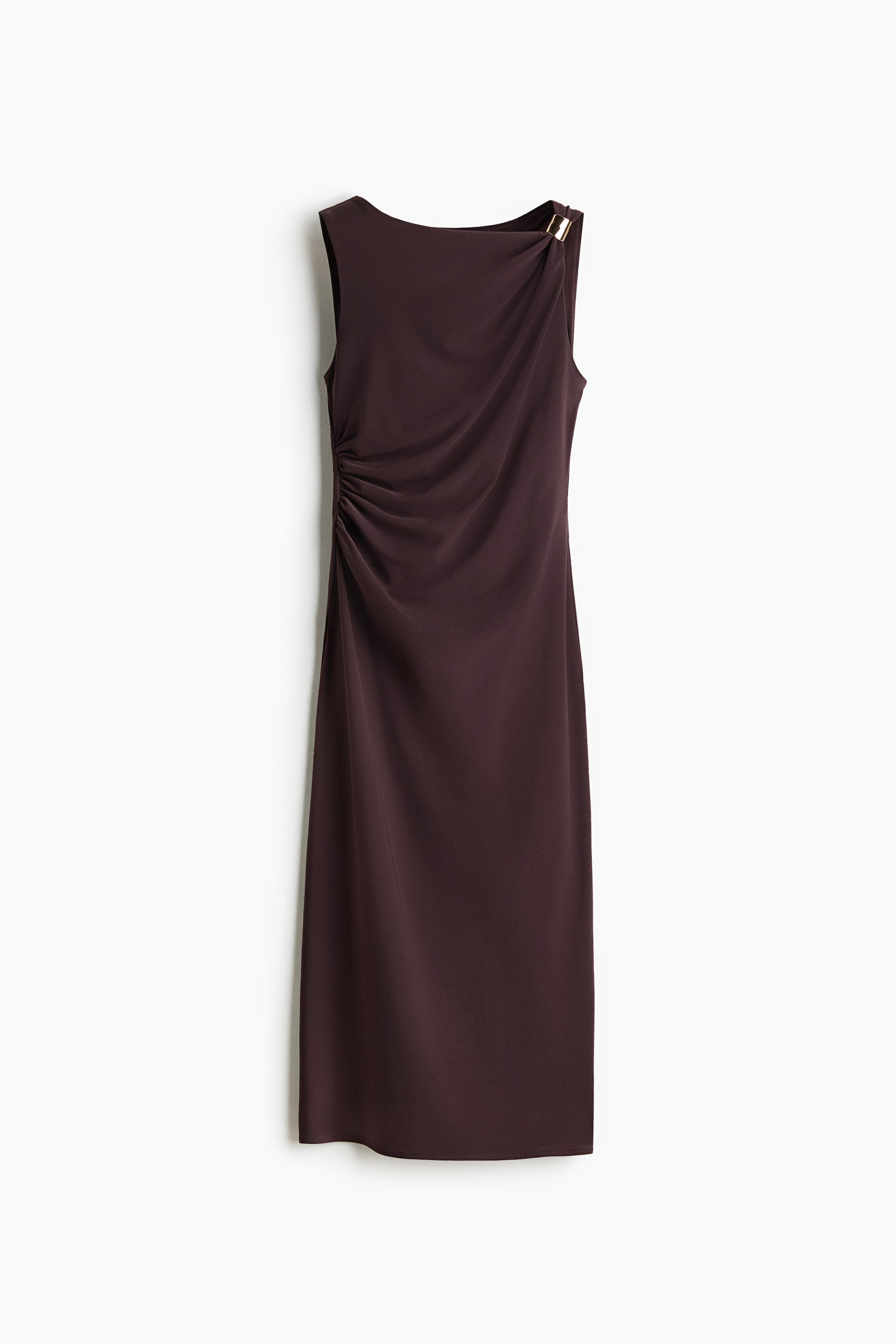 View larger image: A plum-coloured sleeveless midi dress, viewed from the FRONT, showcases draping gathered at the left shoulder. A gold-toned buckle secures the fabric at the shoulder, with ruching extending down the left side of the torso.