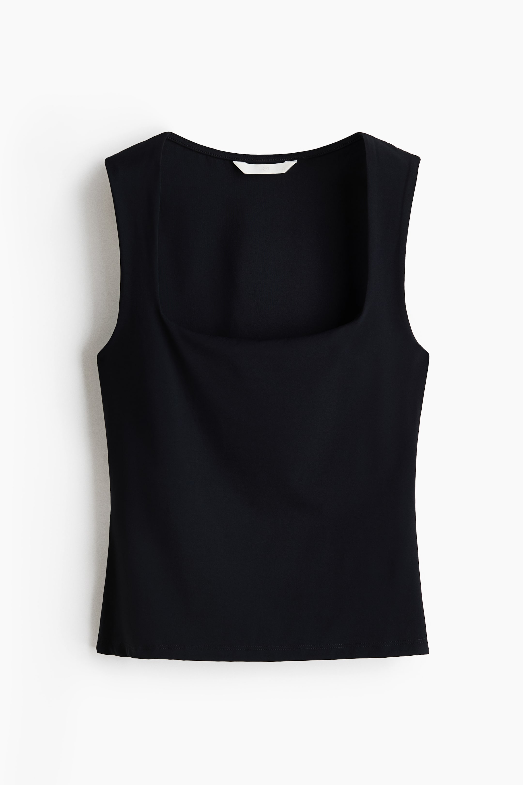 View larger image: A black sleeveless top, front-facing, features a square neckline, a sleek, fitted silhouette, and a straight hem.