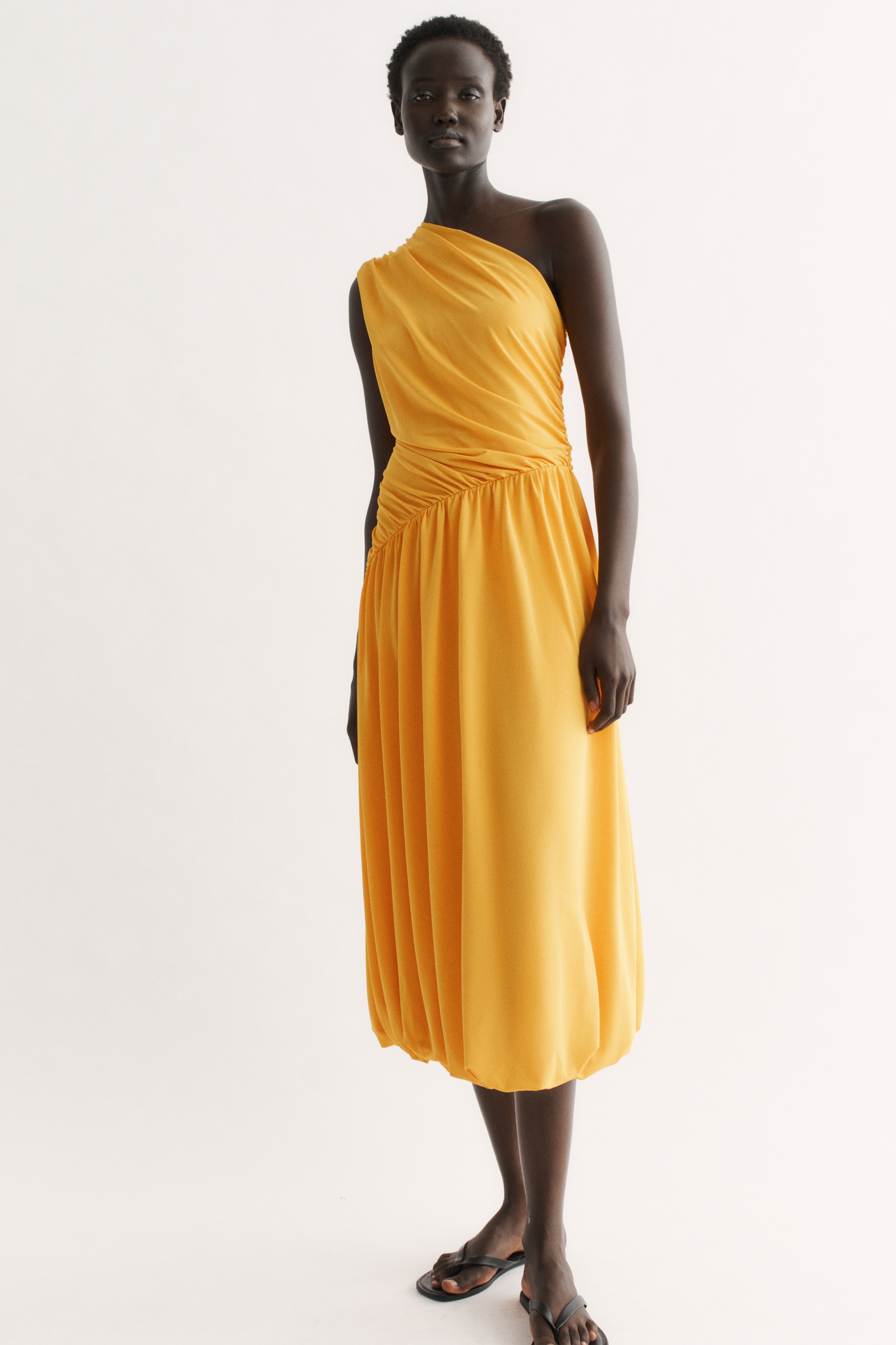 Bubble-Hem One-Shoulder Dress - Dark yellow/Cream