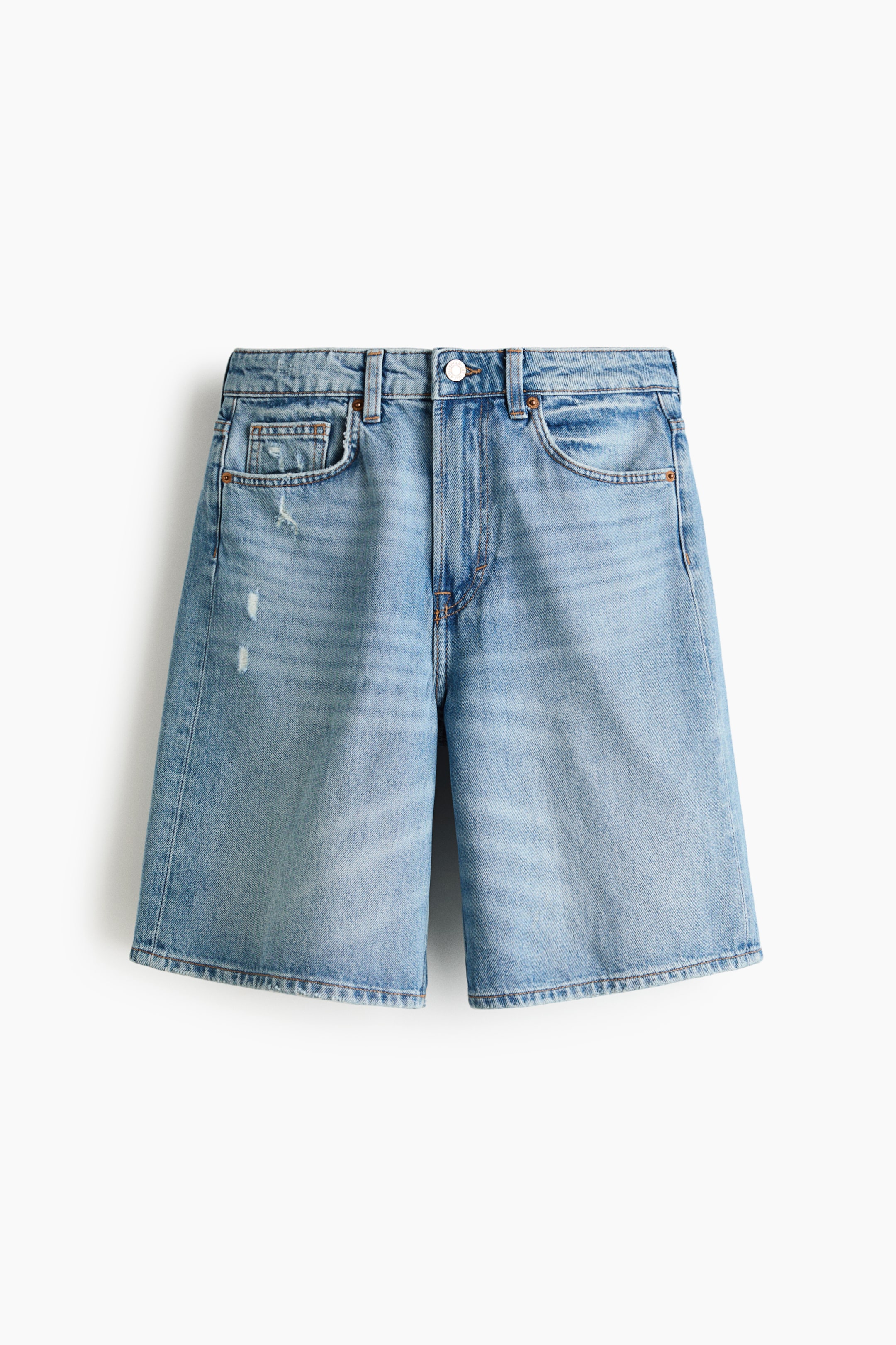 View larger image: A pair of knee-length, rigid cotton denim shorts is shown from the front. They feature a light blue wash with subtle distressing, a high waist with a zip fly and button closure, and a 5-pocket design.