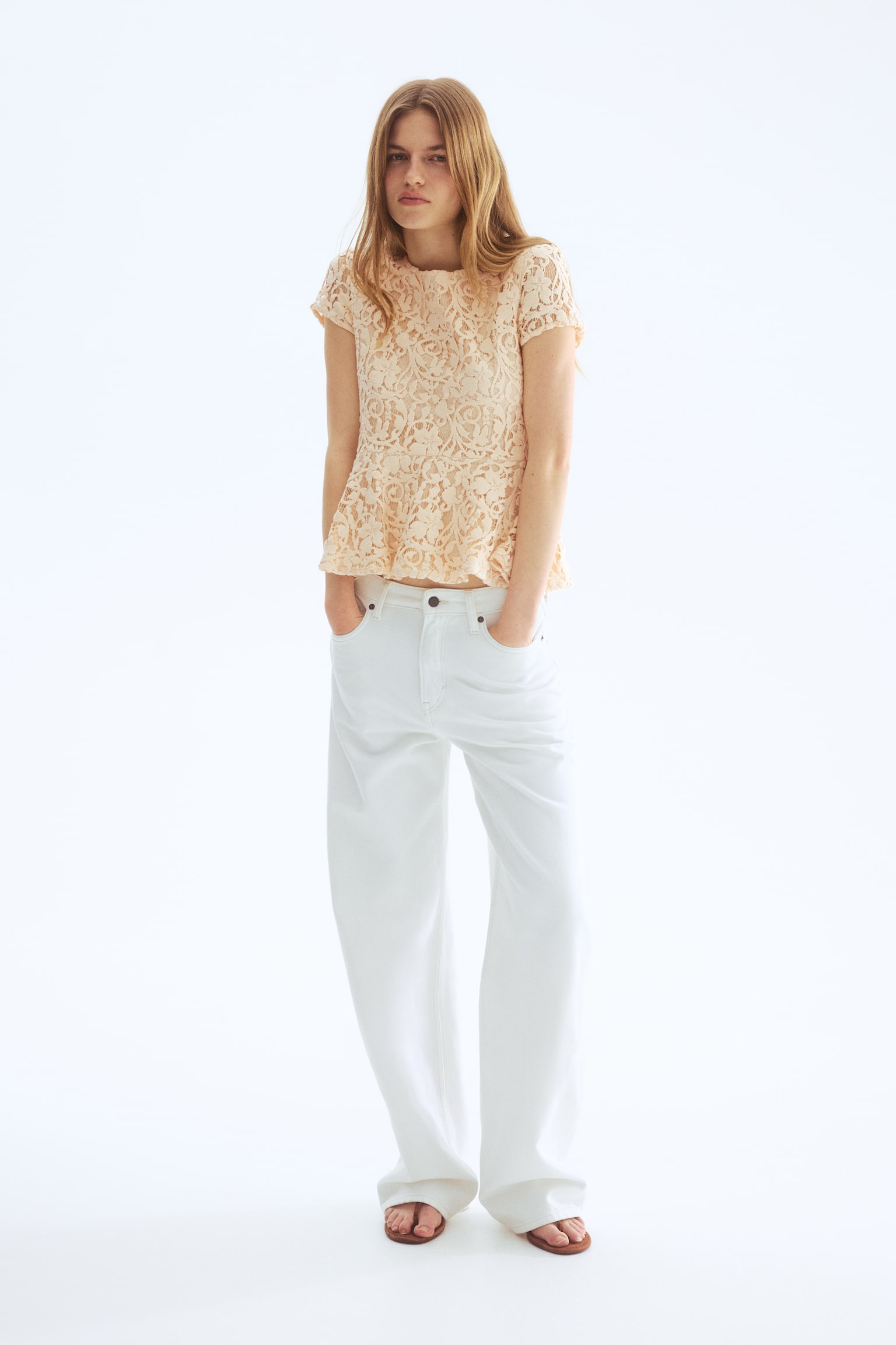 Crochet-look peplum top - Cream - 2