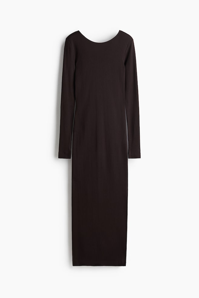Ribbed scoop-back dress - Dark brown/White/Navy blue striped - 1