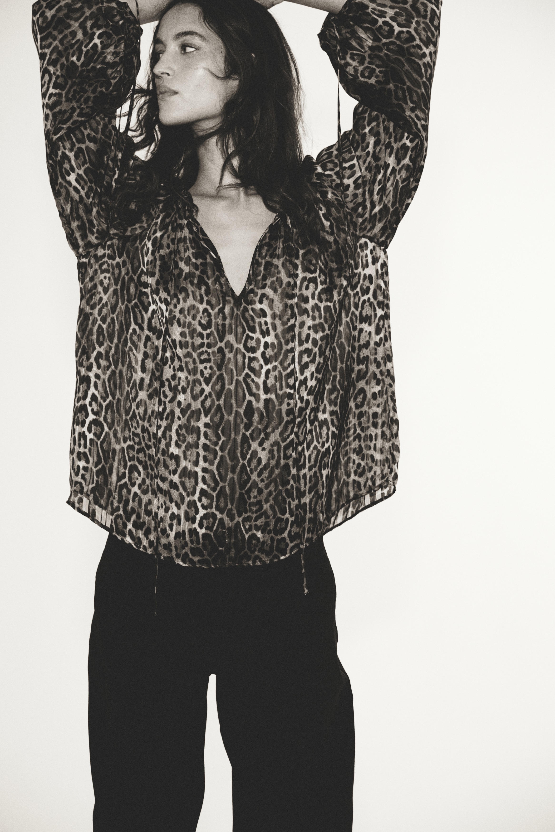 Balloon-sleeved tie-detail blouse - Dark brown/Leopard print