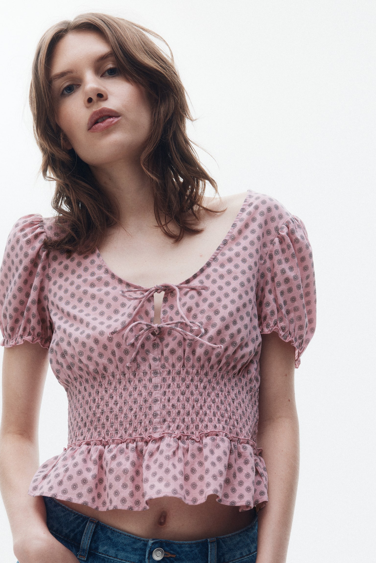 Áo kiểu peplum - Màu hồng/Hoa văn - 4