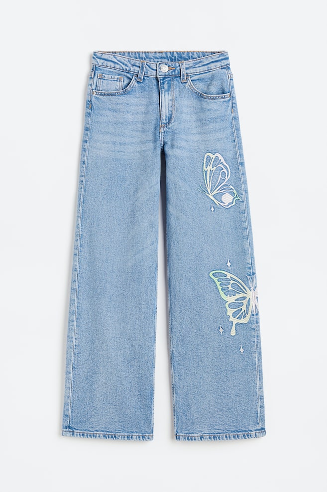 Wide Leg Low Jeans - Ljus denimblå/Fjärilar/Vit - 1