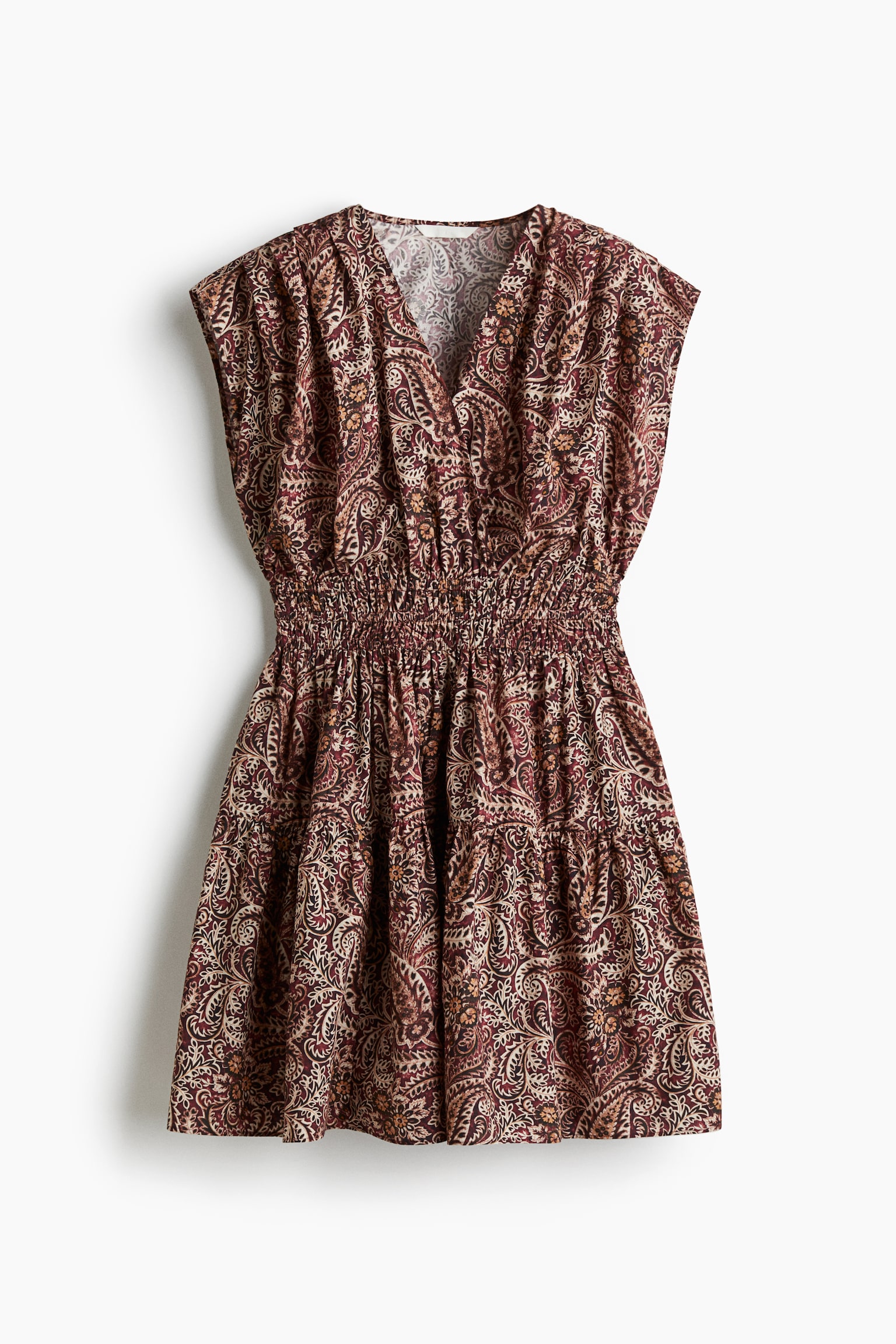 棉質洋裝 - 酒紅色/佩斯利變形蟲圖騰/黑色/印花/橘色/黑色 - 1