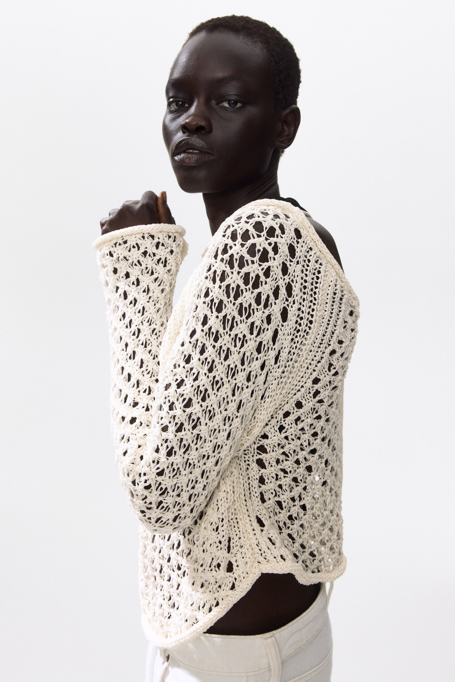 Tie-Detail Crochet-Look Top - Cream - 1