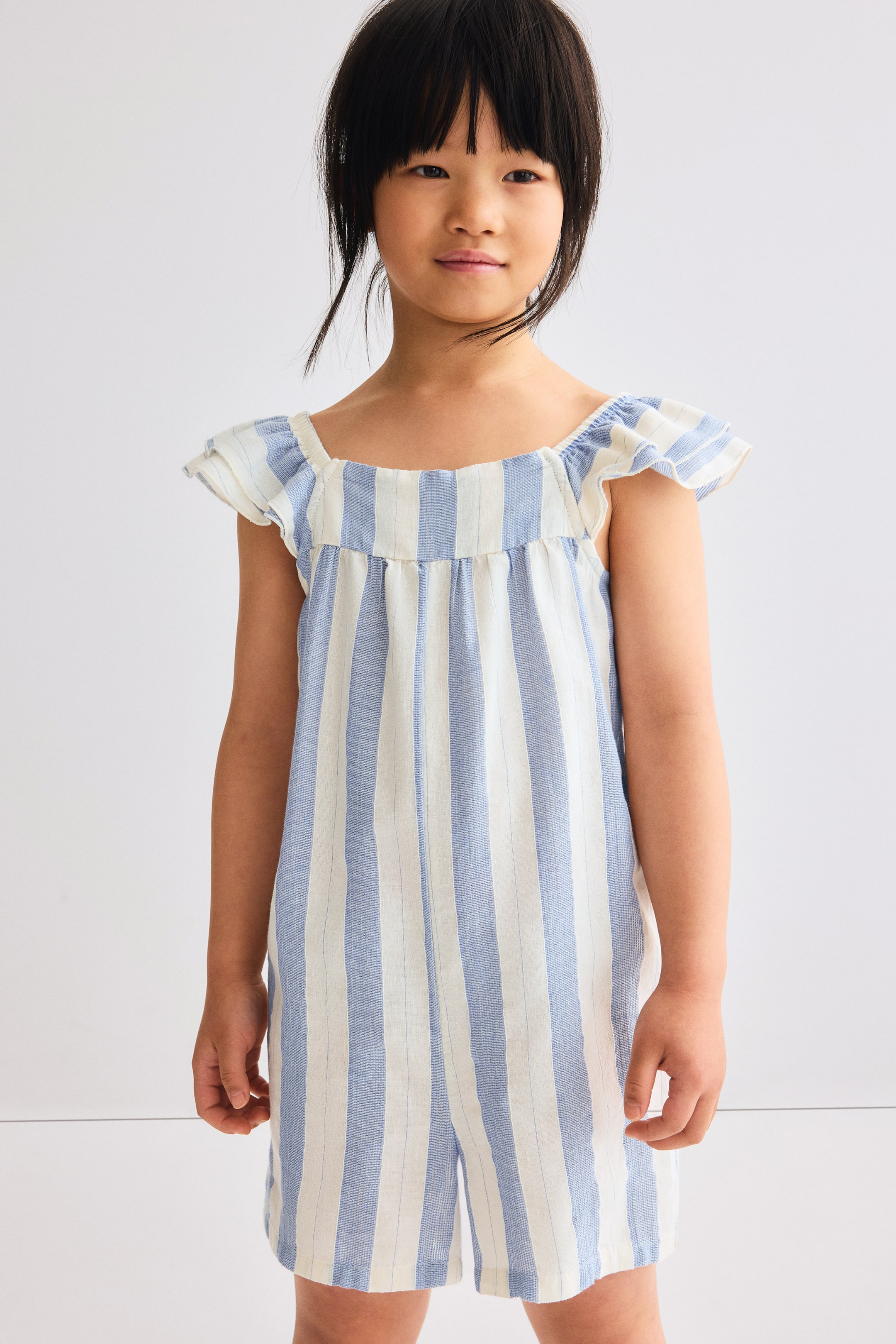View larger image: A child's striped romper featuring light blue and off-white vertical stripes. It is designed with a square neckline, ruffled shoulder straps, and a relaxed fit, ending in shorts.