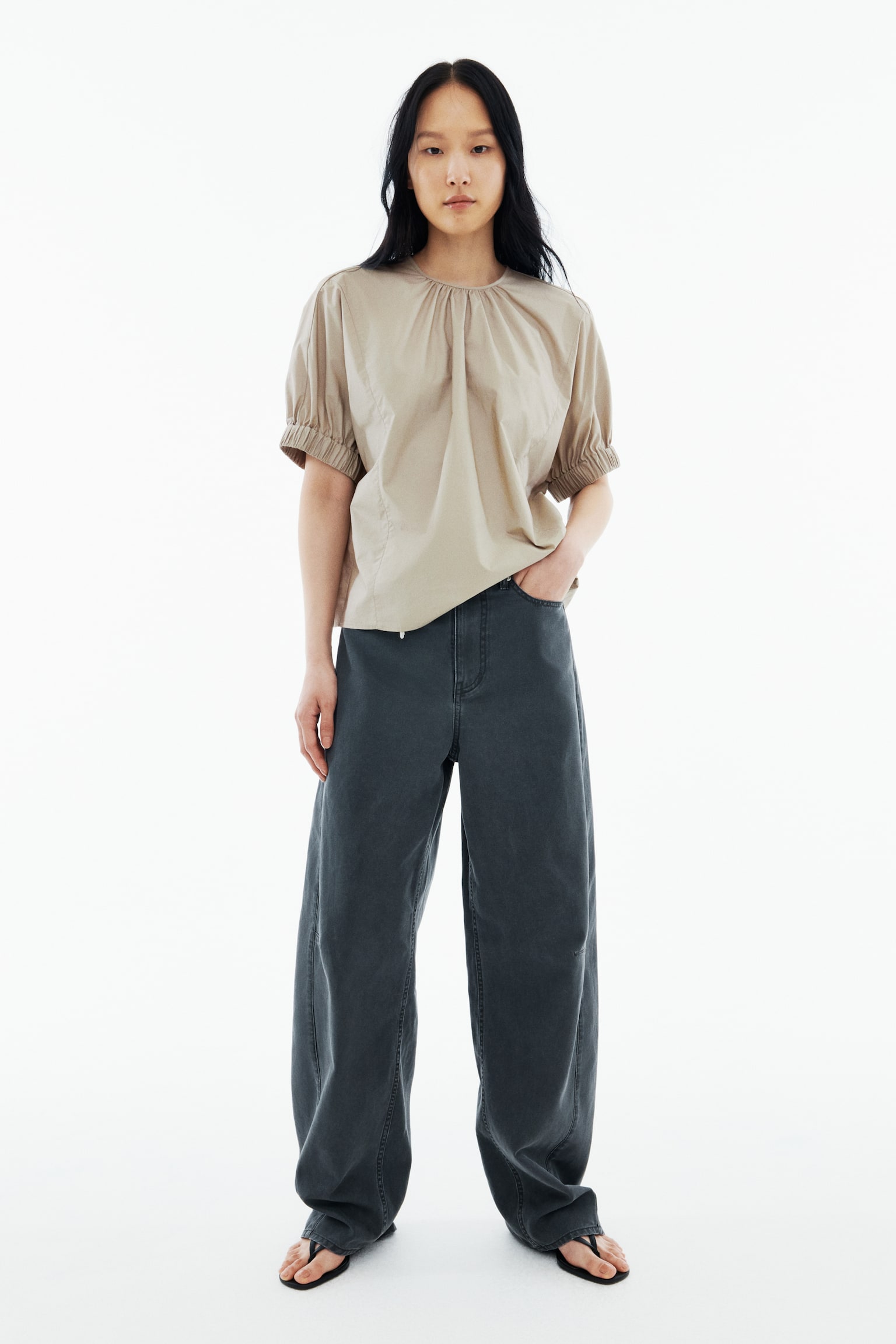 Batwing-Sleeved Cotton Top - Light dusty beige/Cream - 1