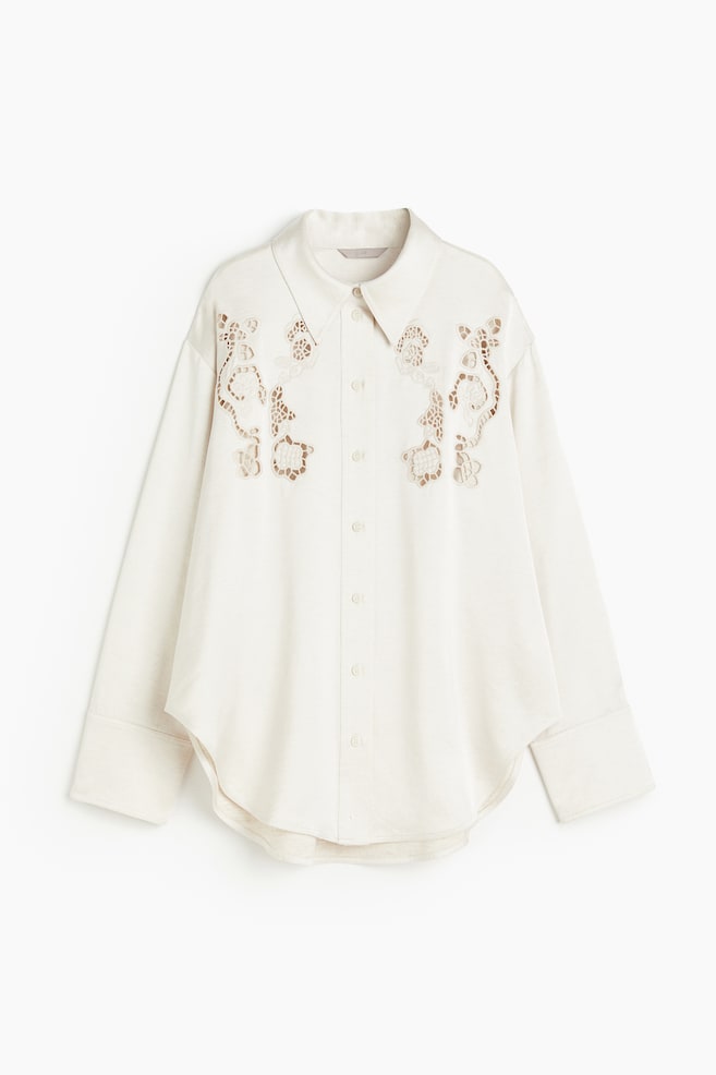 Oversized embroidered shirt - Cream - 2