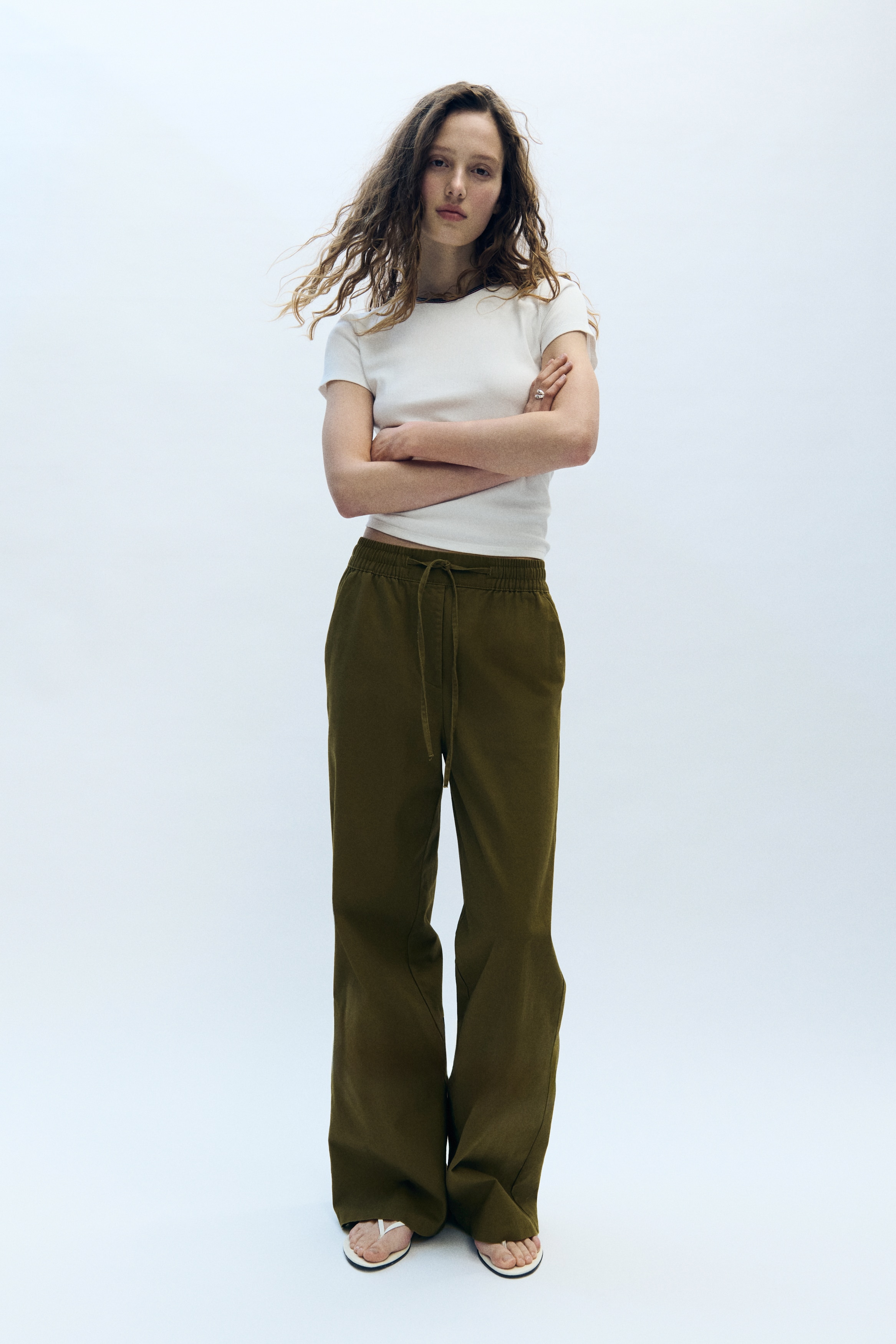 Women's Khaki green Cotton Drawstring Pants | H&M US