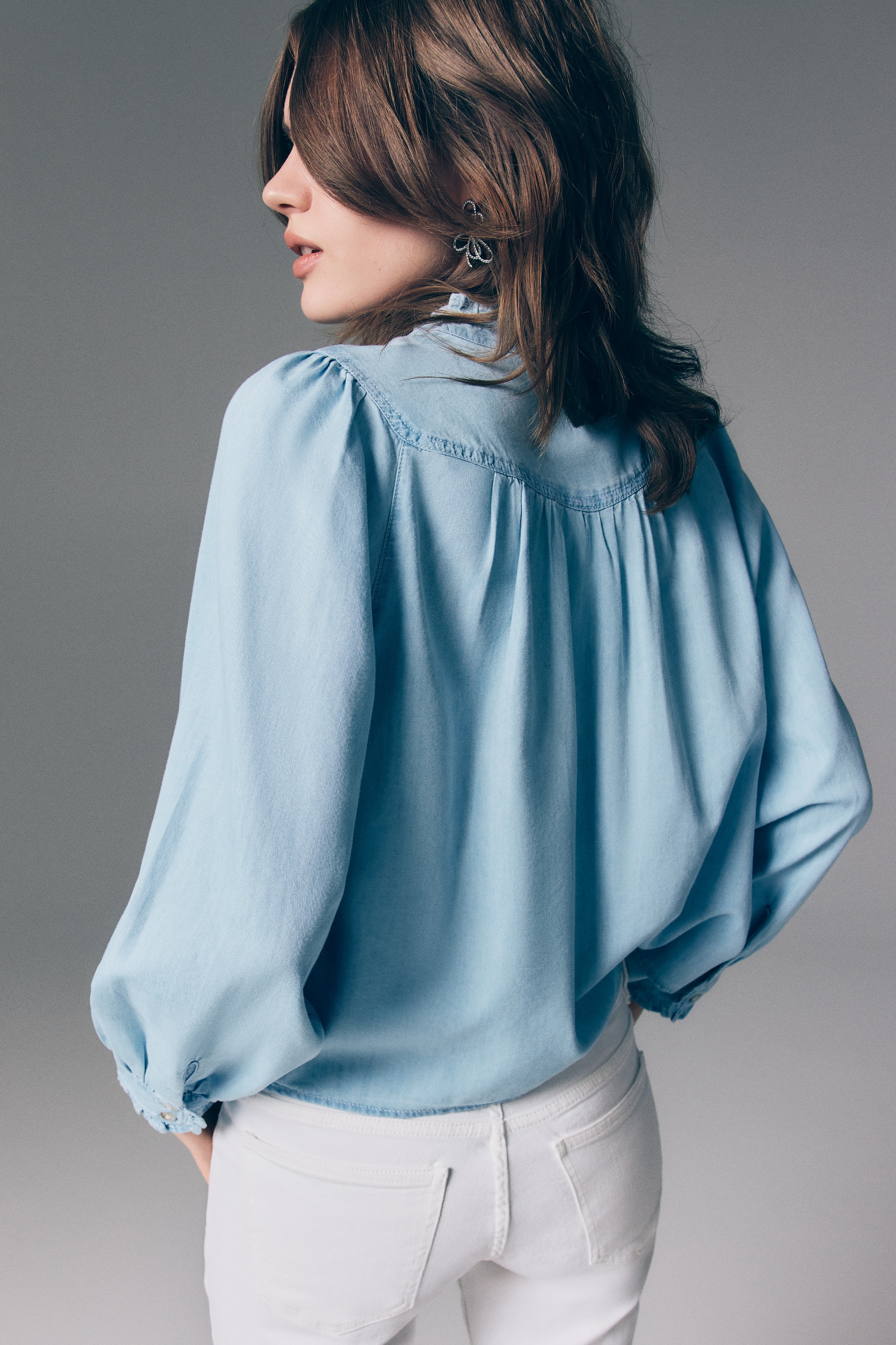 Frill-trimmed denim blouse