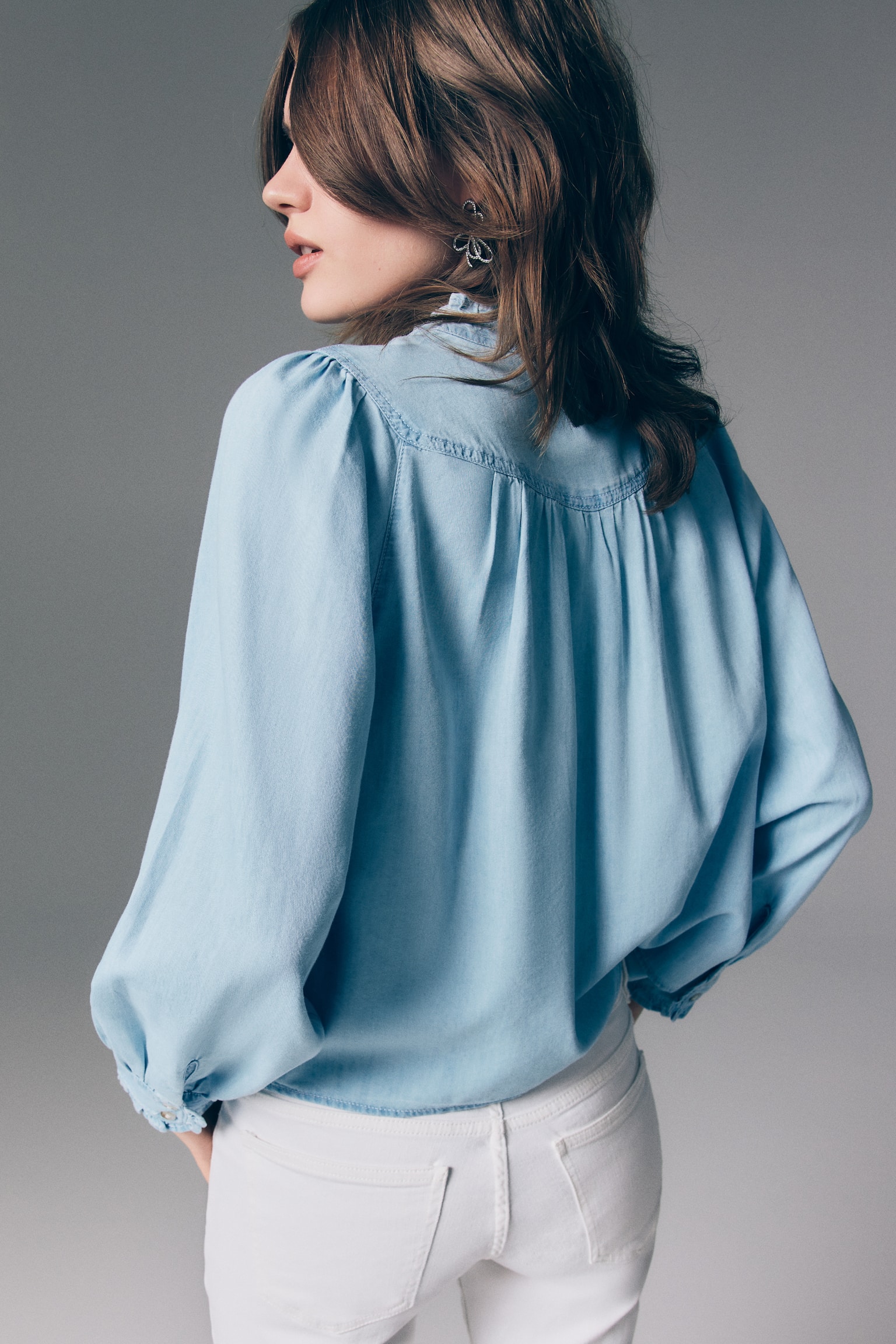 Frill-trimmed denim blouse - Light denim blue/Dark denim blue - 4