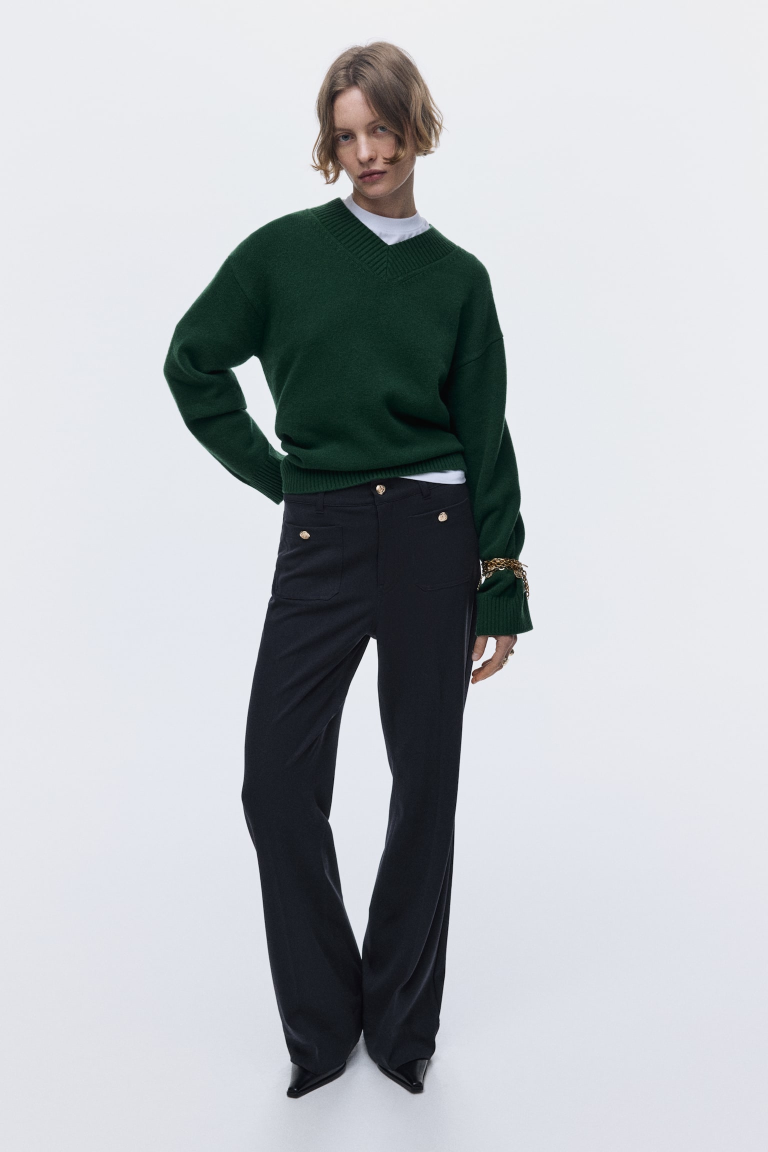 Flared twill trousers - Navy blue/Black - 1