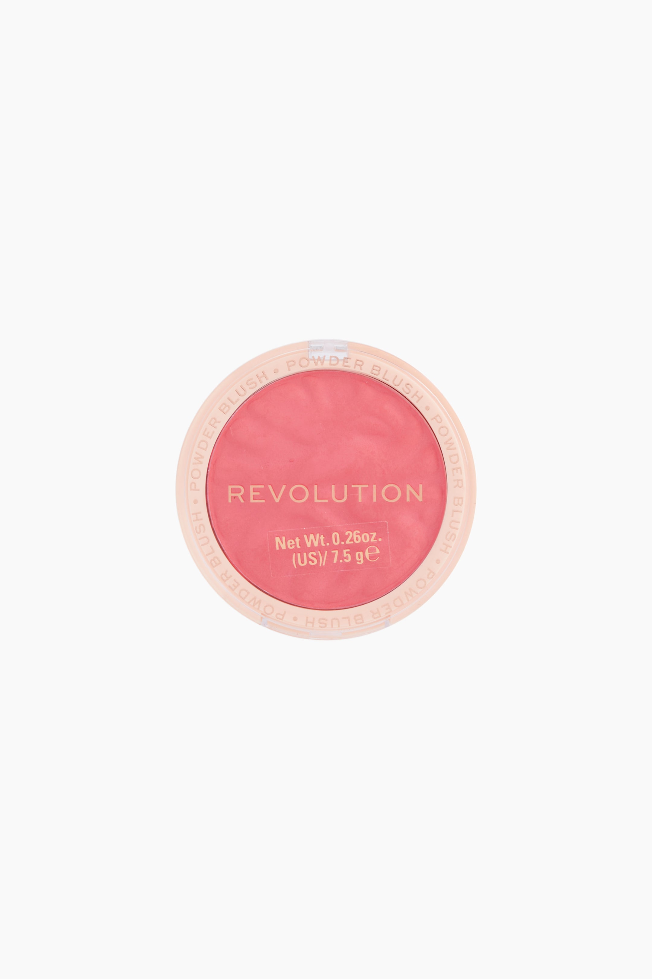 Größeres Bild ansehen: Ein rundes Kompaktpuderrouge zeigt in einer Draufsicht durch seinen transparenten Deckel ein lebendiges, rosafarbenes Puderrouge. Der Markenname „REVOLUTION“ ist in goldener Schrift mittig auf dem Deckel zu sehen, während entlang des runden Randes wiederholt die Worte „POWDER BLUSH“ aufgedruckt sind.