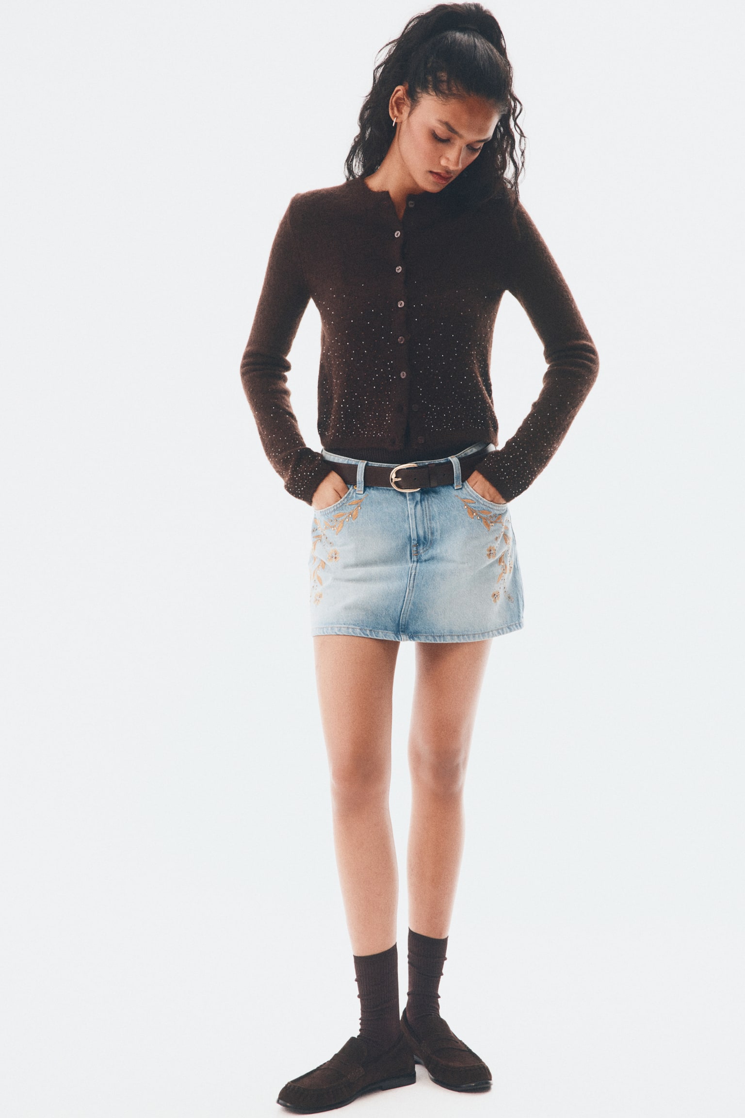 Denim mini skirt - Light denim blue/Flowers/Light khaki green - 5