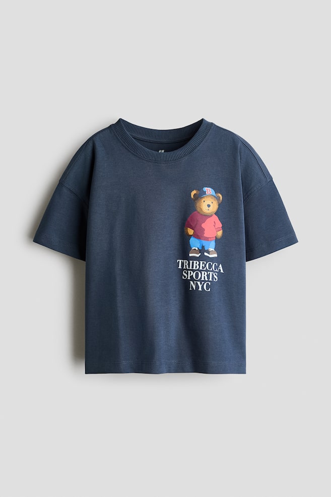 Printed cotton T-shirt - Dark dusty blue/Teddy bear/White/Dinosaur/Dark grey/Paris/Ivory/Street Food - 1