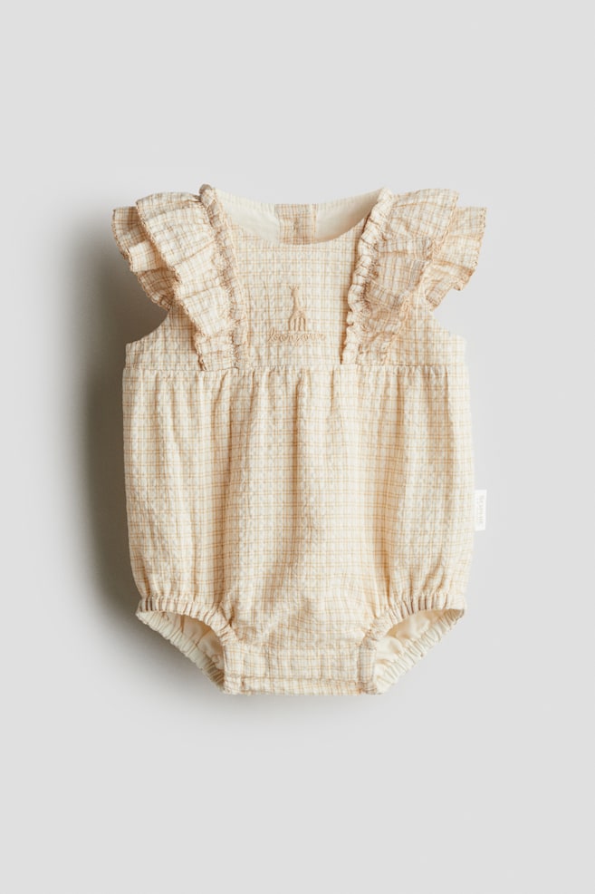 Embroidered-Detail Seersucker Romper Suit - Light beige - 1