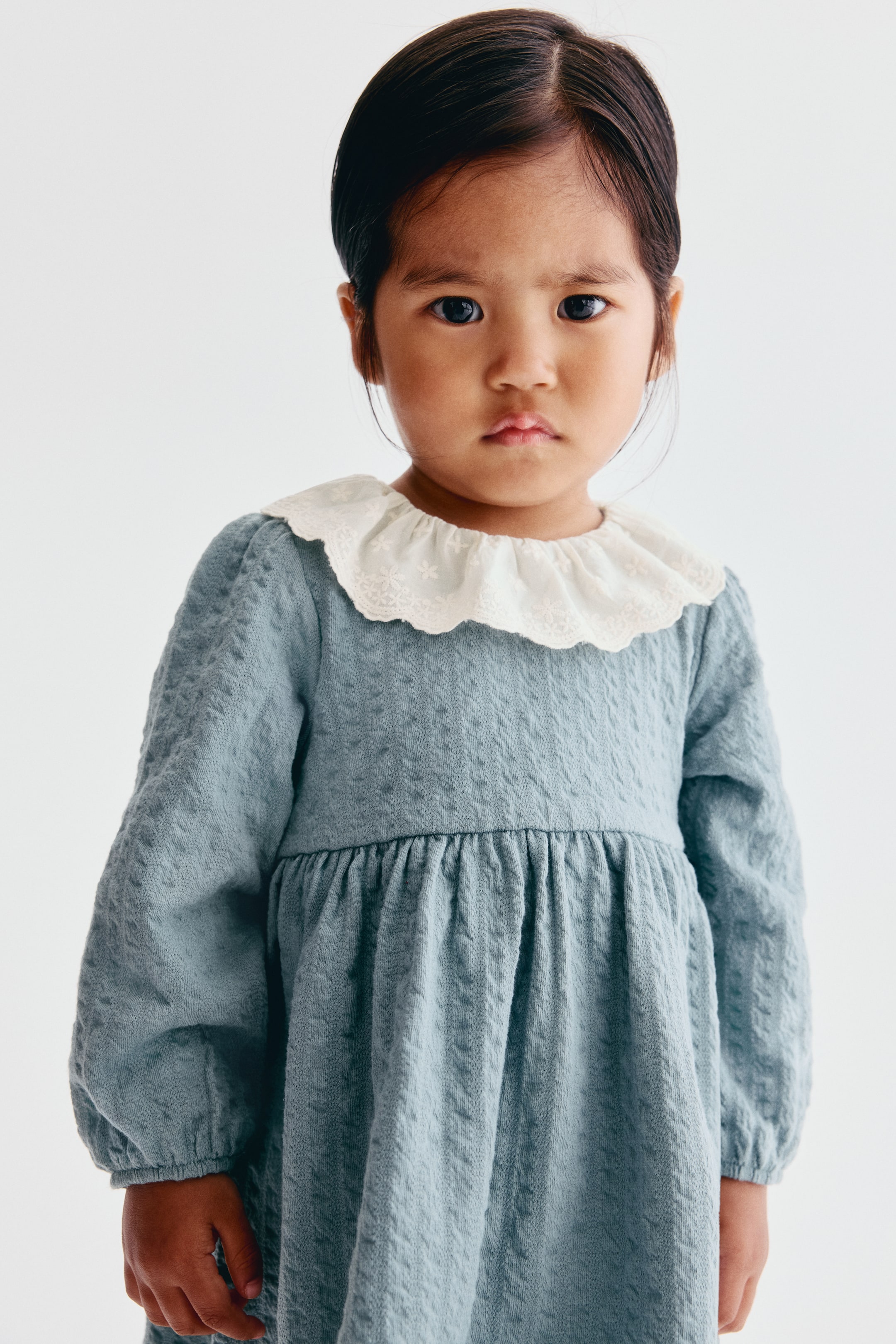 Textured Cotton Dress with Lace Collar