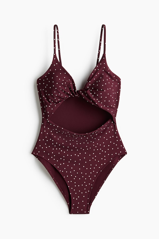 Padded-cup High Leg Swimsuit - Burgundy/Polka dot/Black/Light beige/Leopard print - 1