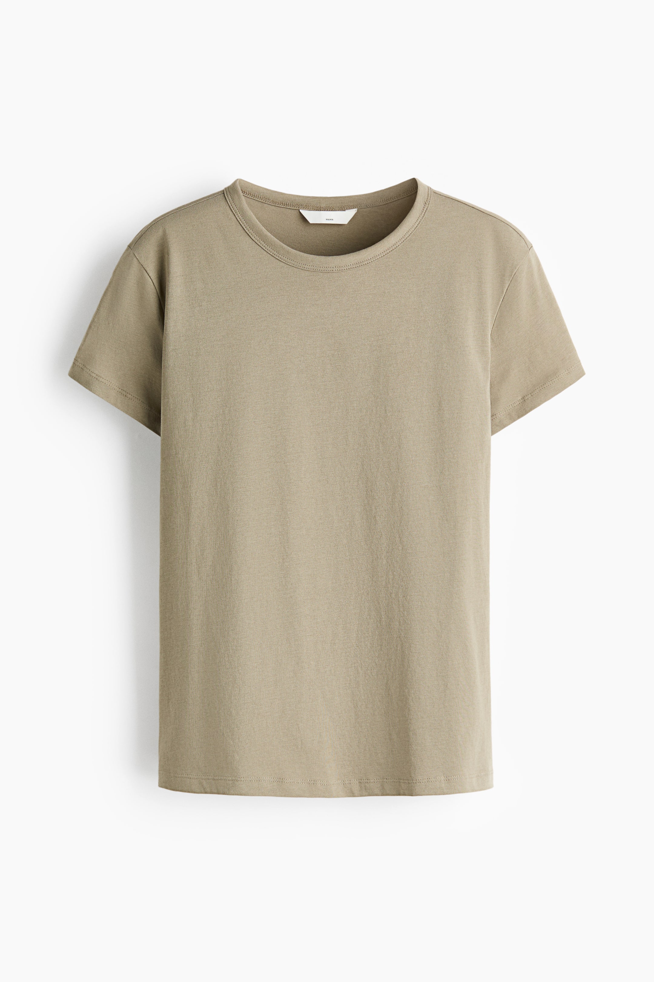 Ver imagem maior: Uma t-shirt caqui está a apresentar a sua vista frontal, com uma gola redonda canelada, mangas curtas e uma bainha reta. Uma pequena etiqueta branca é visível na parte de trás do pescoço.