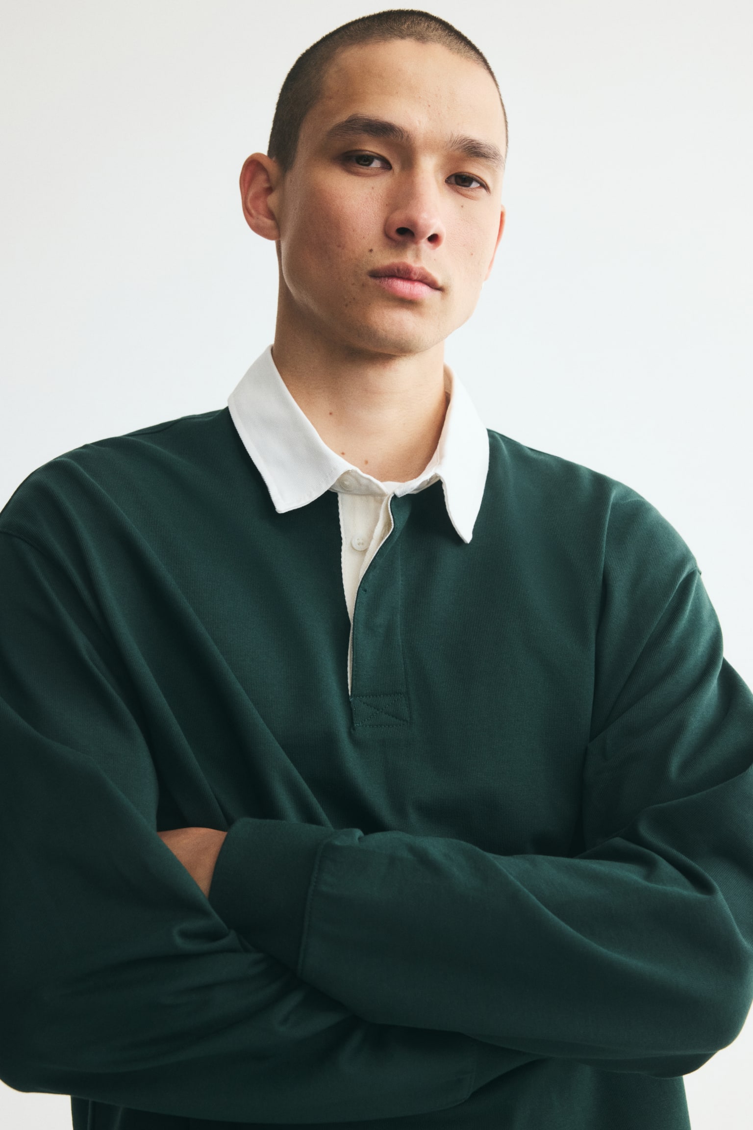 Мужская рубашка H&M Relaxed-Fit Cotton Rugby Shirt, цвет: Зелёный / Белый — фото 5