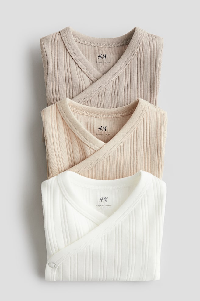 3-pack Ribbed Wrapover Bodysuits - Light taupe/light beige/Light beige/white - 1