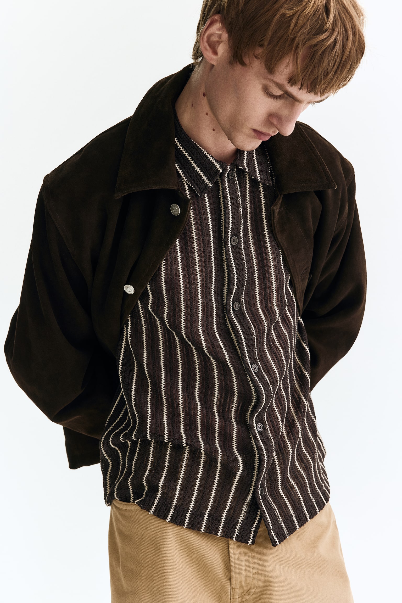 Regular Fit Textured-knit shirt - Dark brown/Striped/White/Striped - 4