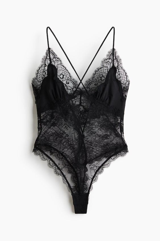 Боди, кружево, микрофибра — H&M, цвет: Чёрный