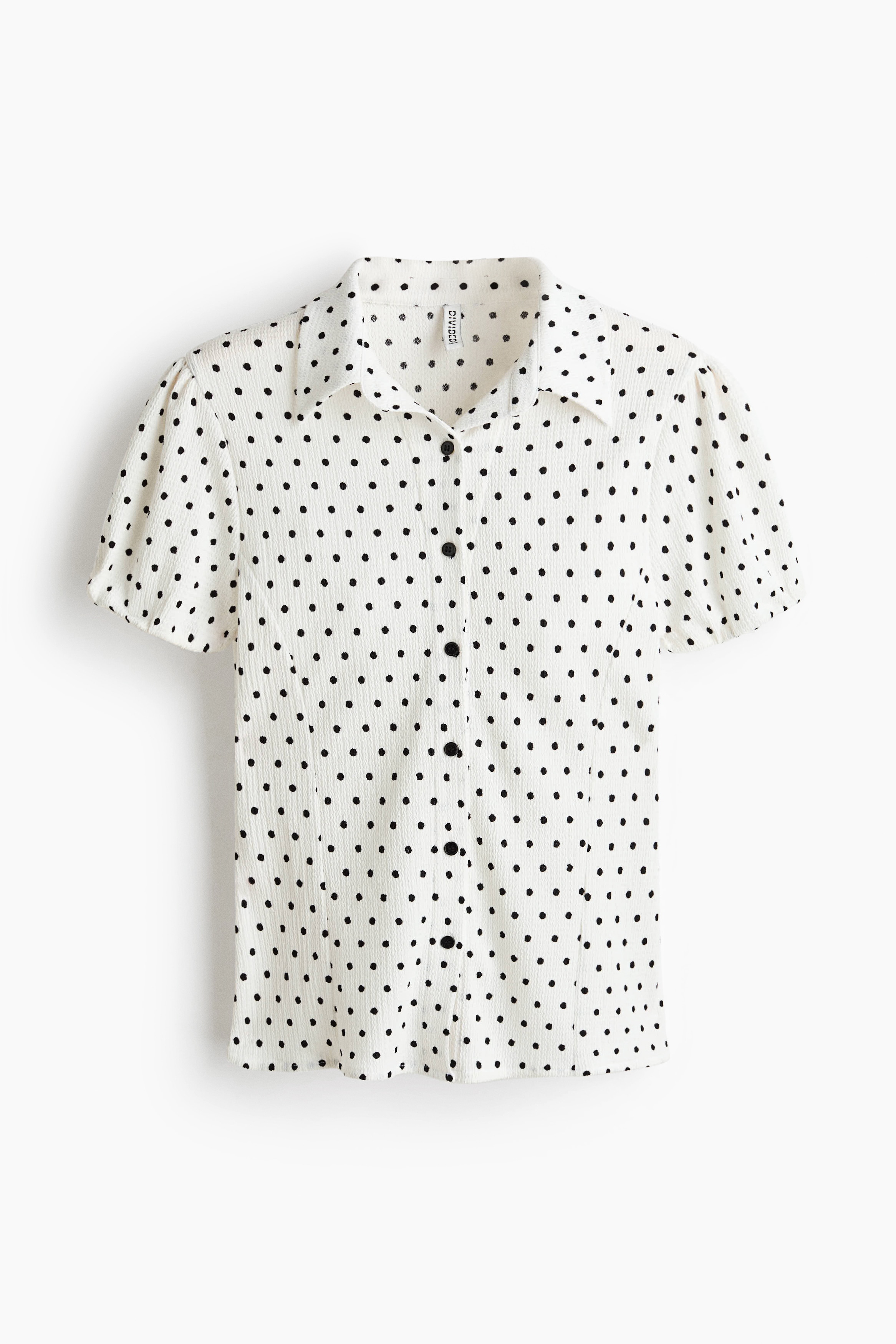Puff-sleeved button-front top - White/Polka dot