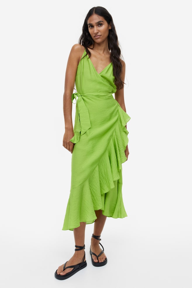 Kopertowa sukienka z falbaną - Zielony/Liliowy - 1