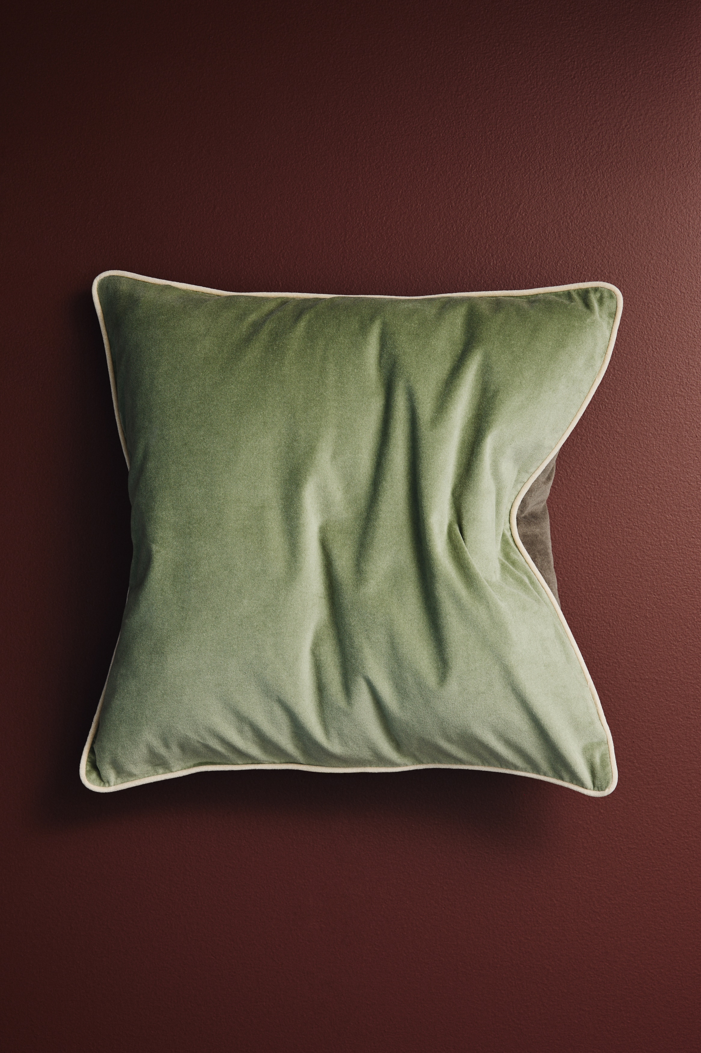 Piping-Detail Velvet Cushion Cover - Light green/taupe/Dusty rose/light dusty pink