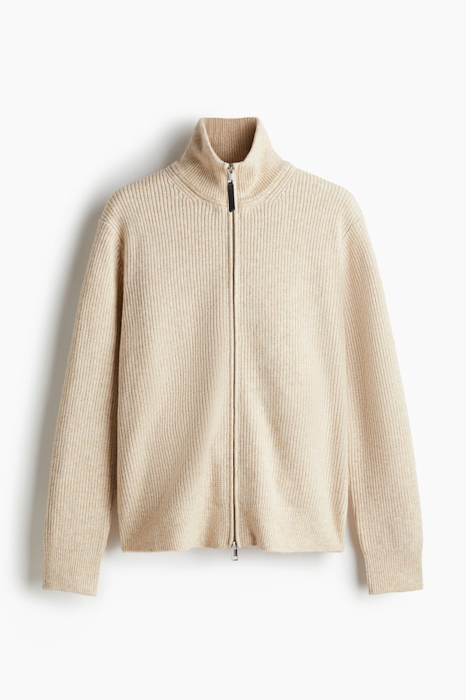Regular Fit Rib-Knit Cardigan - Beige/Cream - 1
