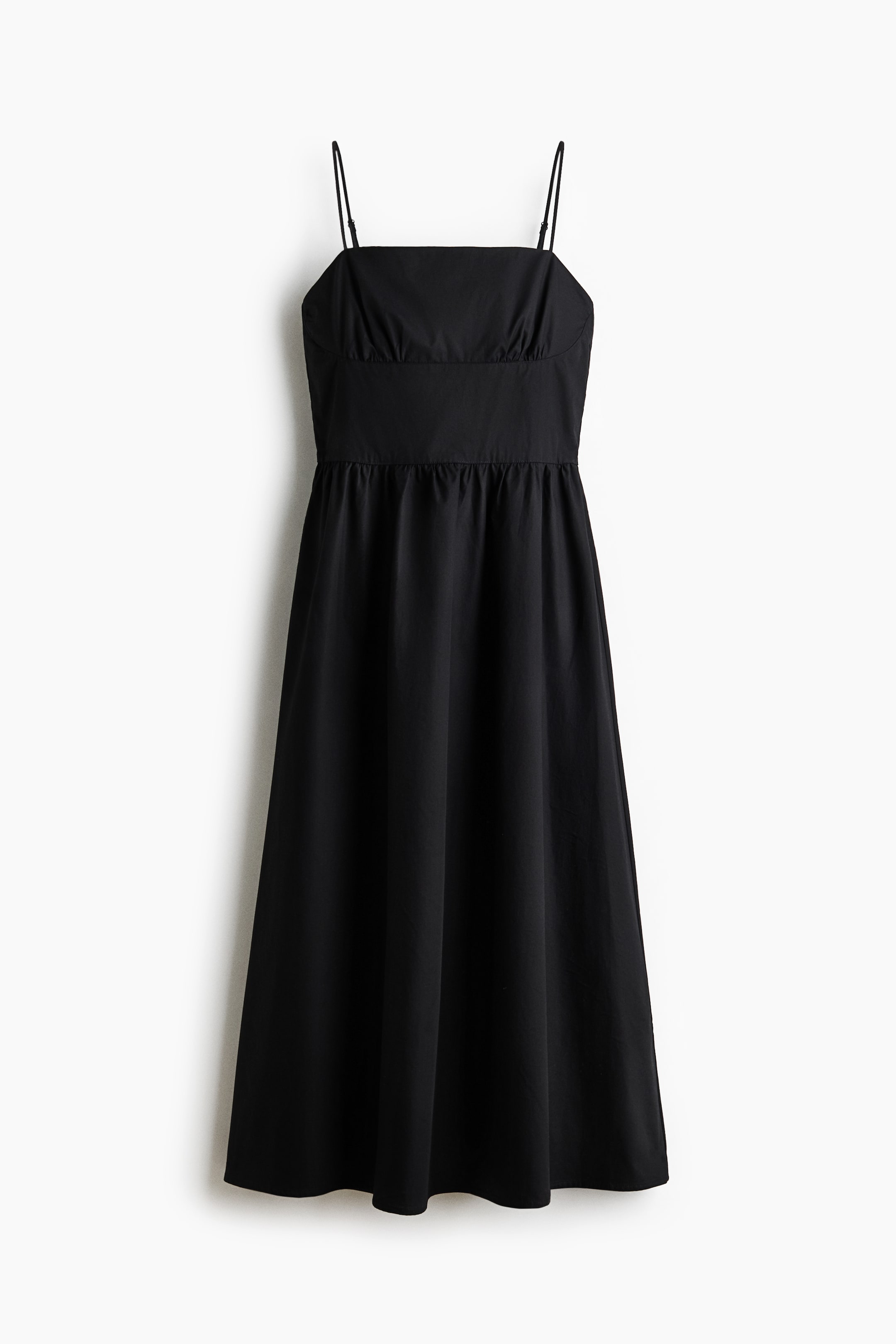 View larger image: A black midi dress features a square neckline with thin spaghetti straps. The dress showcases a fitted bodice with gathered detailing, leading to an elasticated or gathered waistline, and a flowing A-line skirt, all presented from a front view.