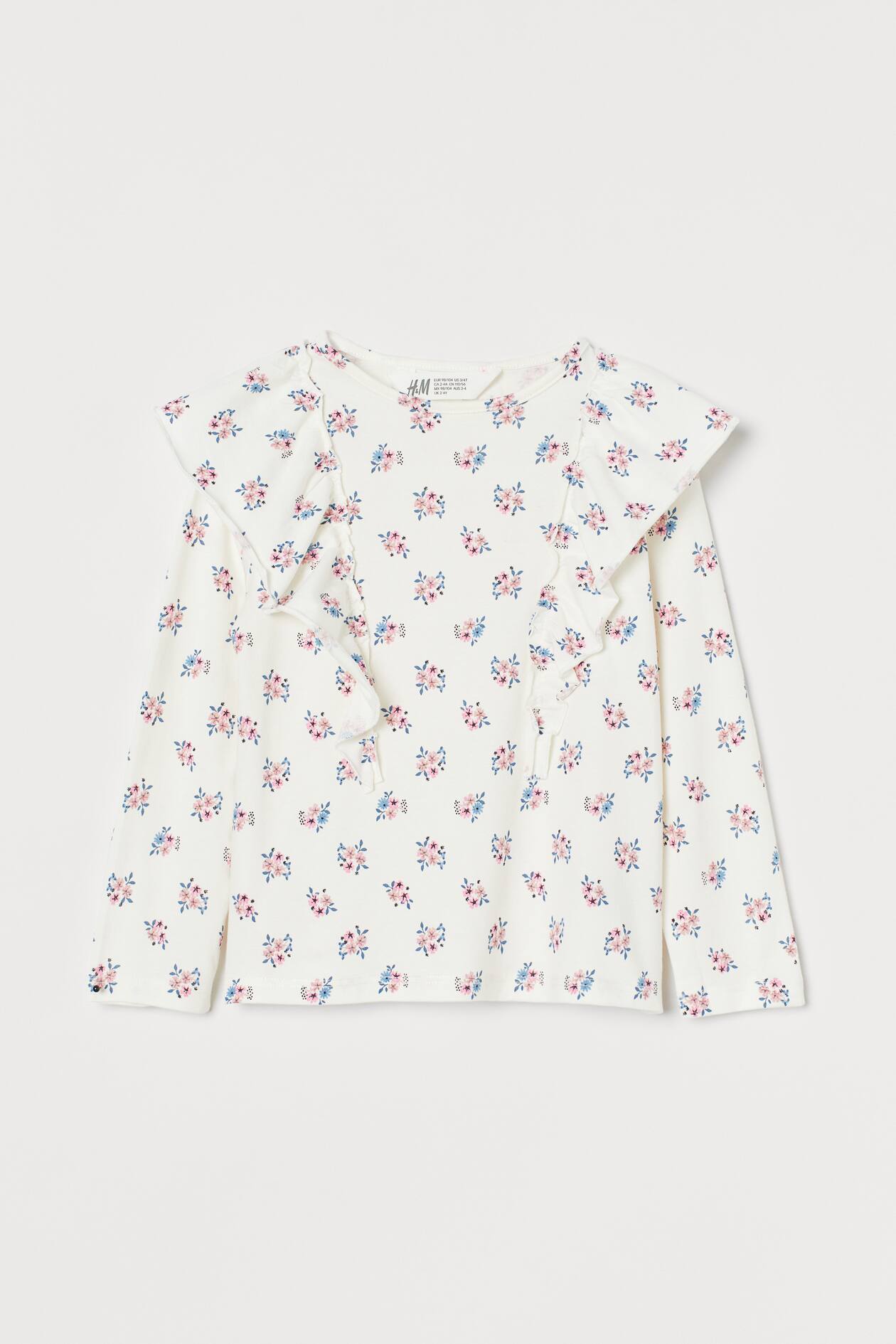 Flounce-trimmed Jersey Top - Round Neck - Long sleeve - White/floral ...