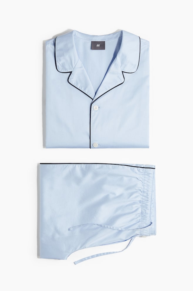 Cotton Pyjama Shirt & Pants Set - Light blue/Burgundy - 1