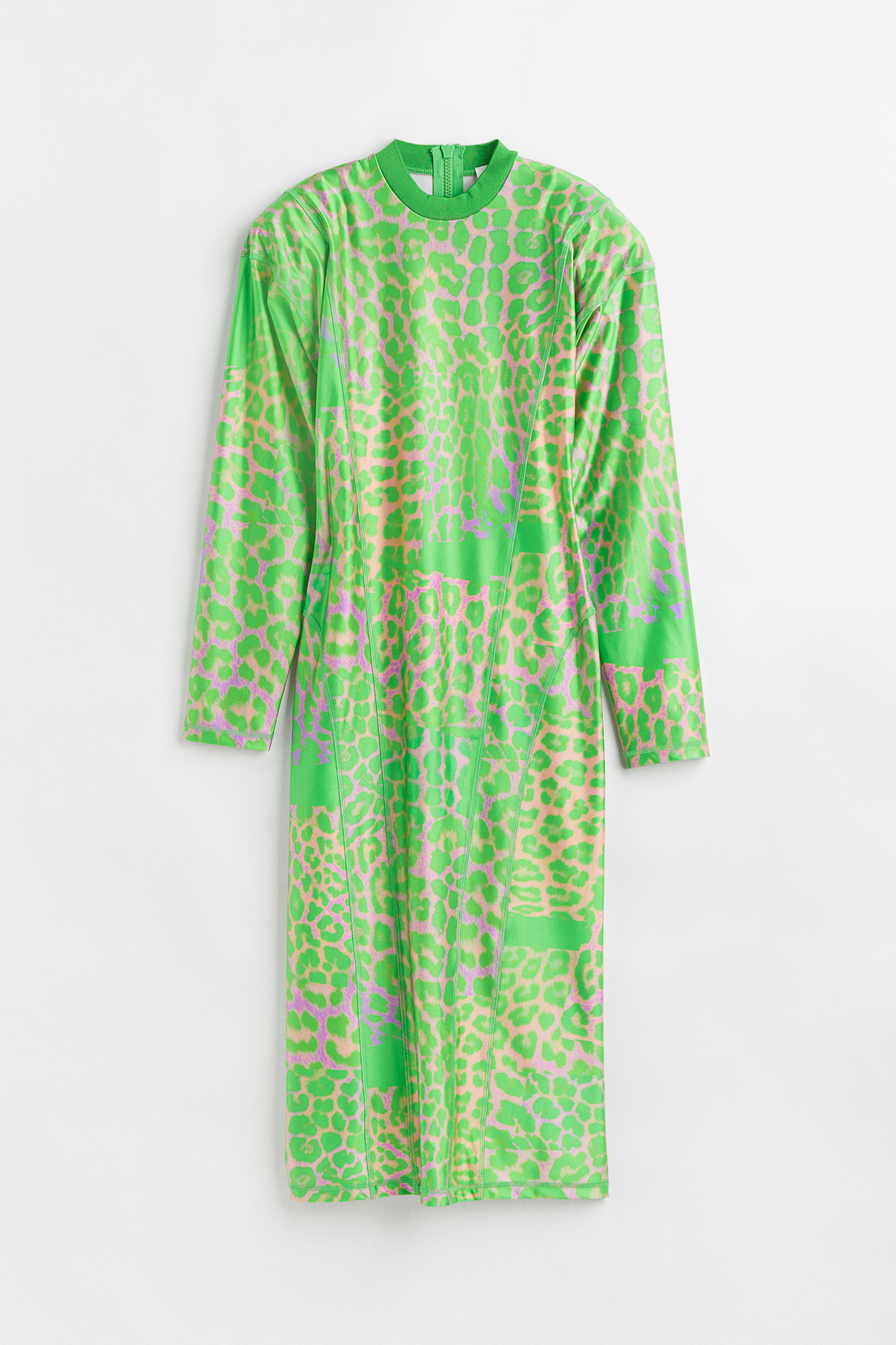 Leopard-print Jersey Dress - Round Neck - Long sleeve - Green/leopard print  - Ladies | H&M US