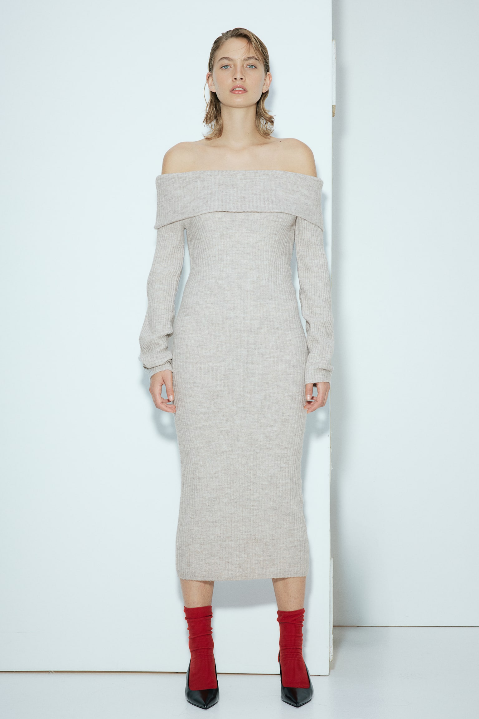 Rib-knit off-the-shoulder dress - Beige marl/White/Dark grey marl - 1