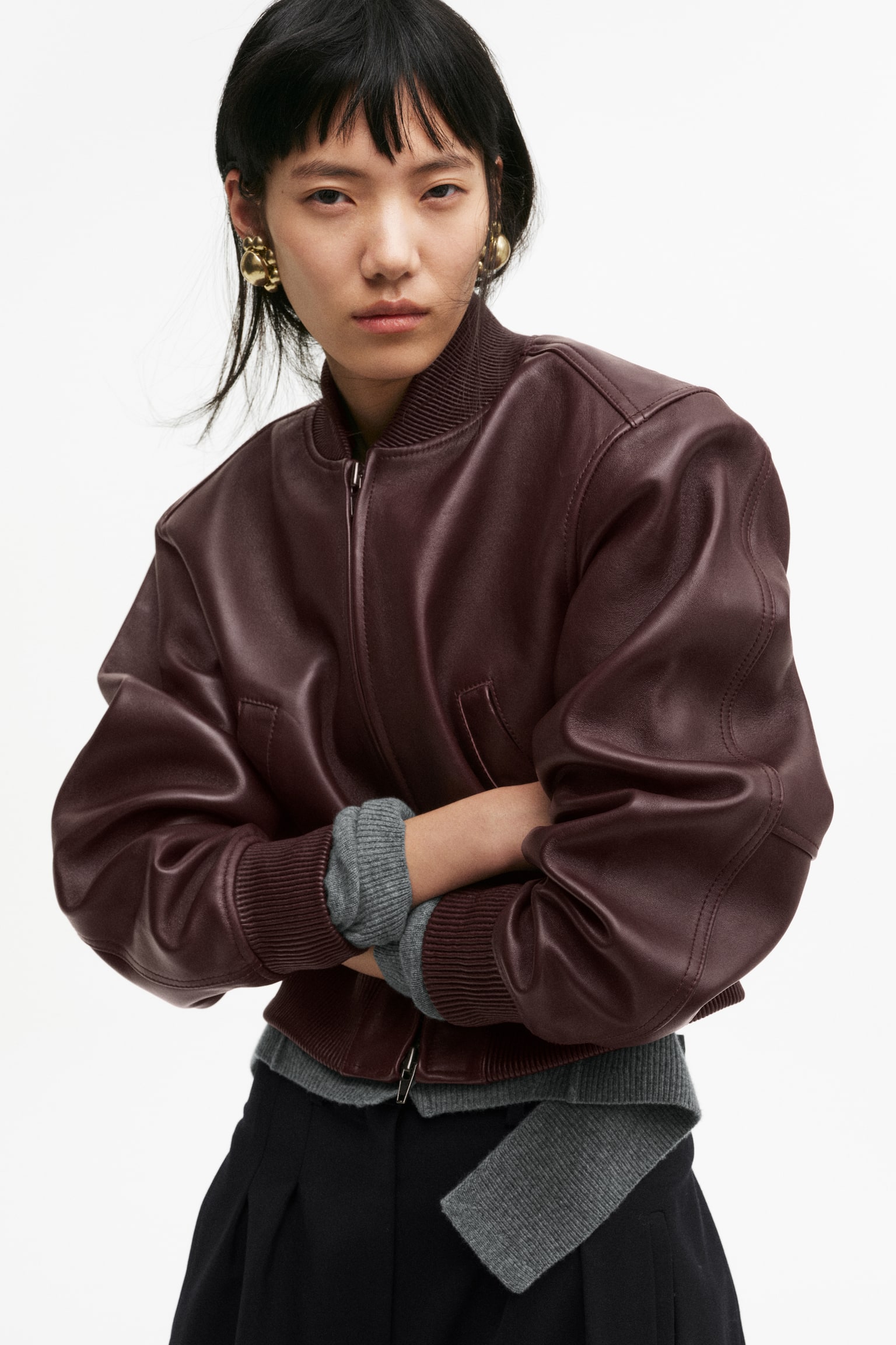 Leather bomber jacket - Burgundy - 4