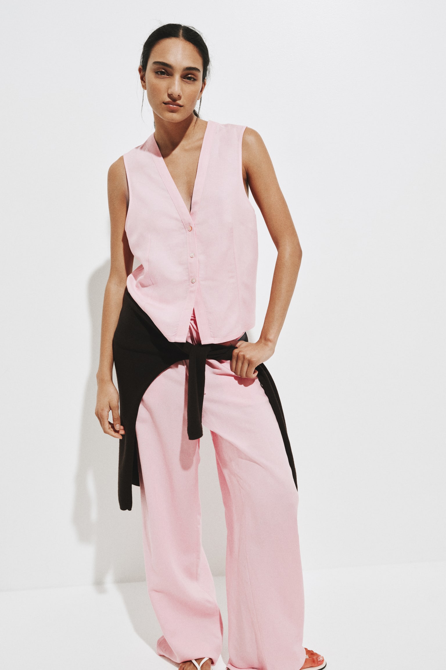 Camisa sin mangas en mezcla de lino - Rosa claro/Azul marino/Café/Blanco - 1